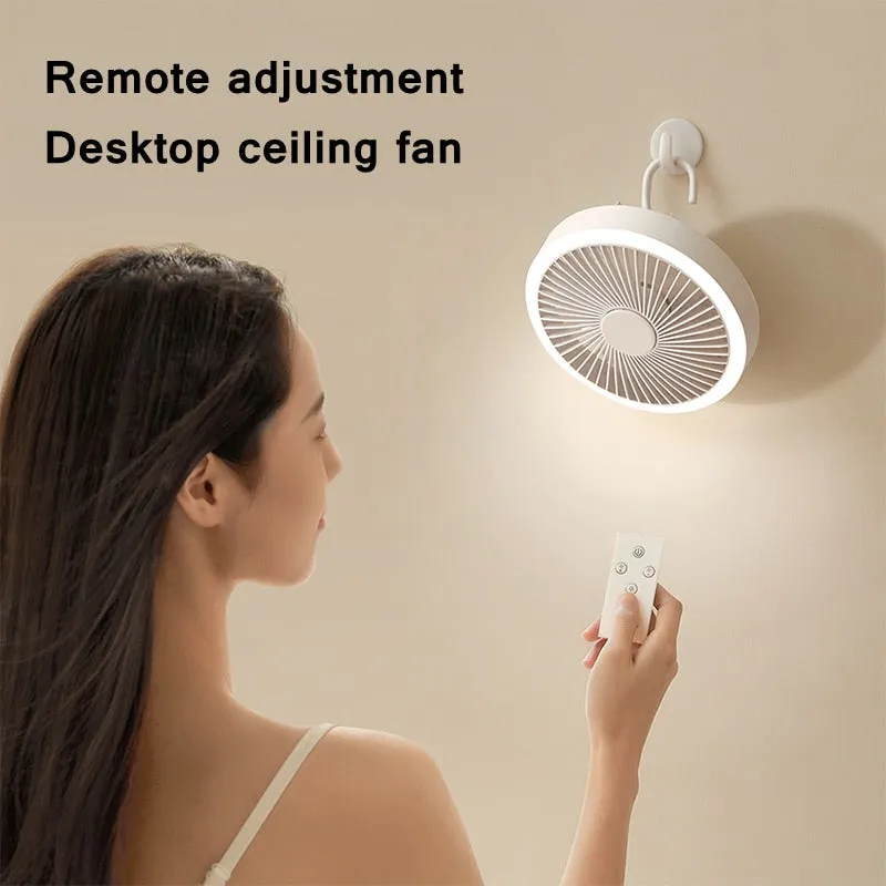 2000mAh USB Rechargeable Ceiling Fans with Remote Control 360° Rotation 3-speed Wind Desk Hanging Ventilator for Outdoor Camping