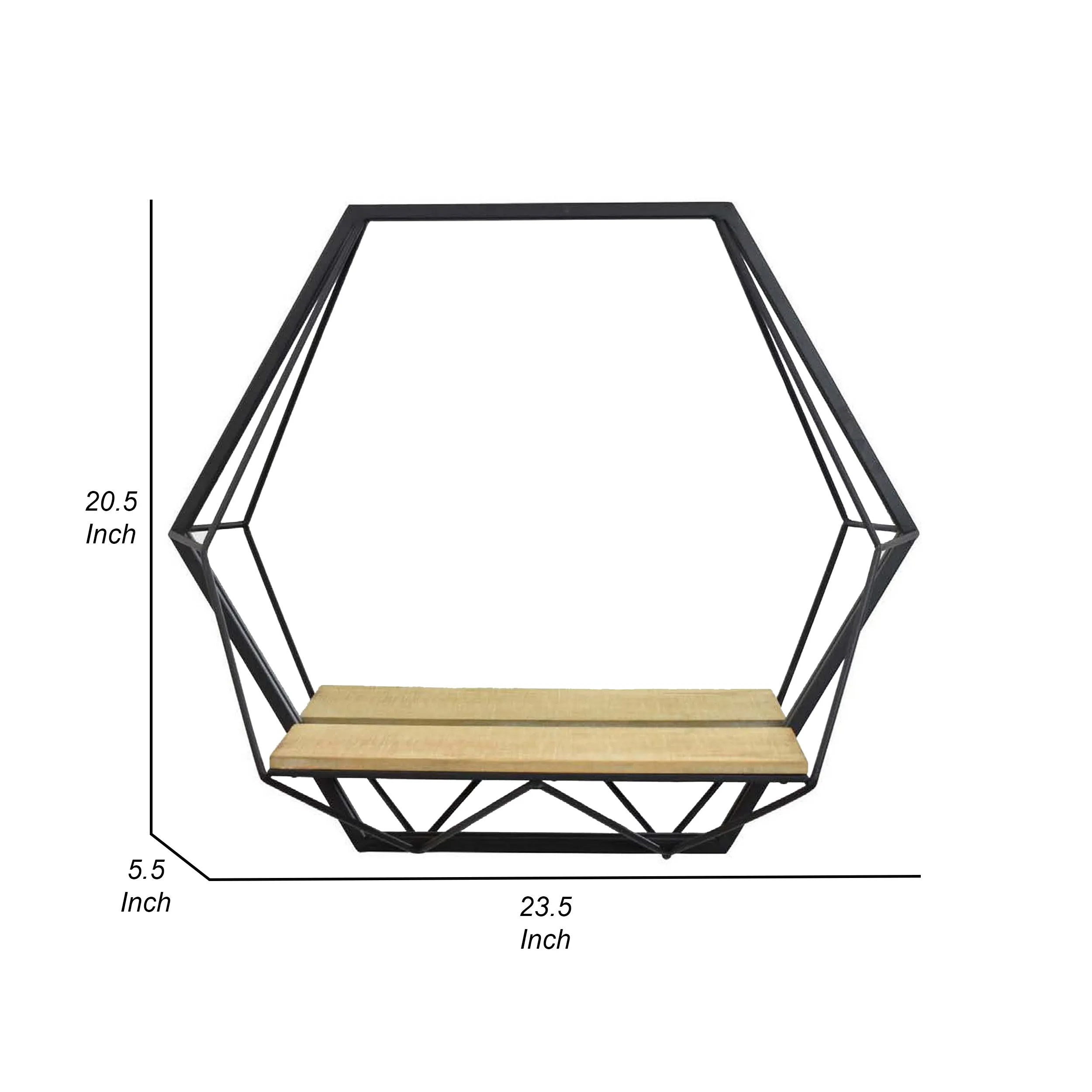 24 Inch Wall Mirror with Shelf, Hexagon Shaped, Metal, Black Finish By Casagear Home