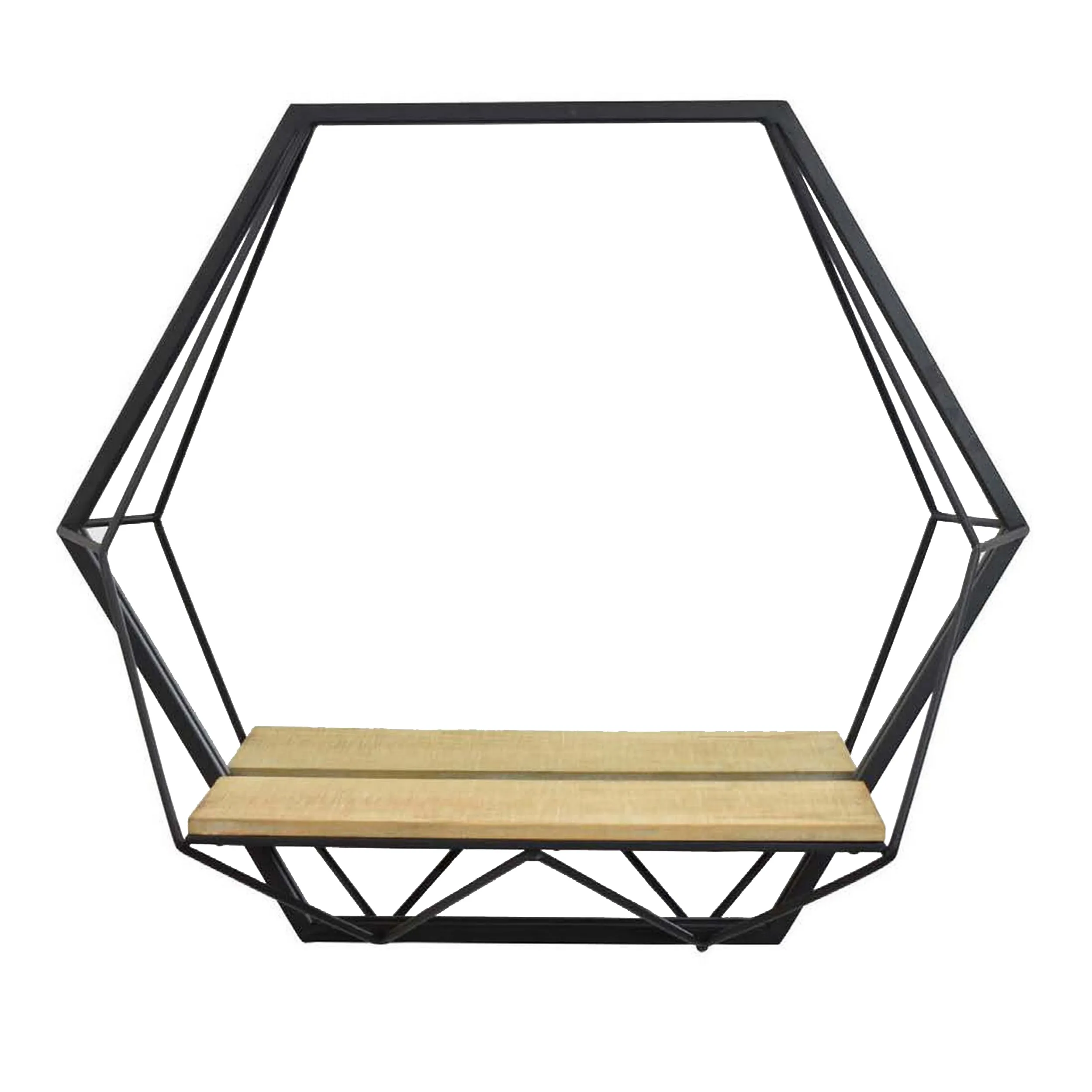 24 Inch Wall Mirror with Shelf, Hexagon Shaped, Metal, Black Finish By Casagear Home
