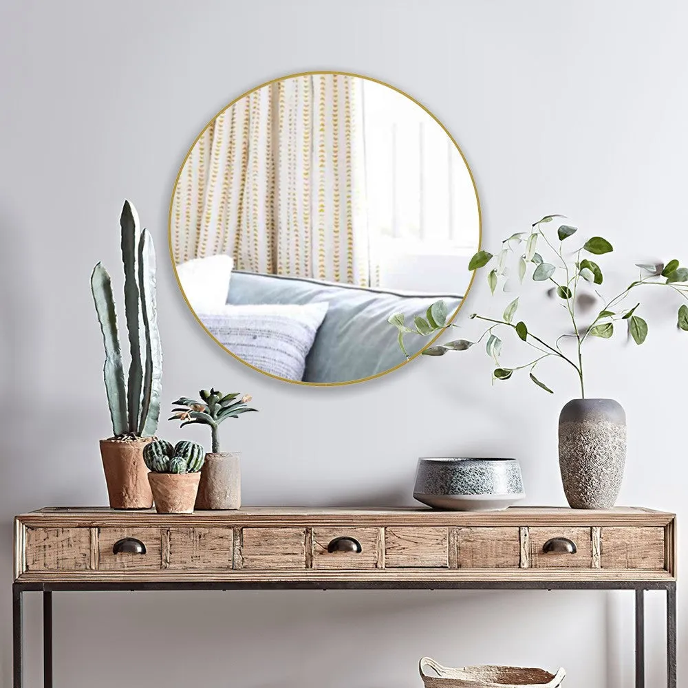 24 Inches Round Shape Sleek Metal Frame Mirror, Gold By Casagear Home