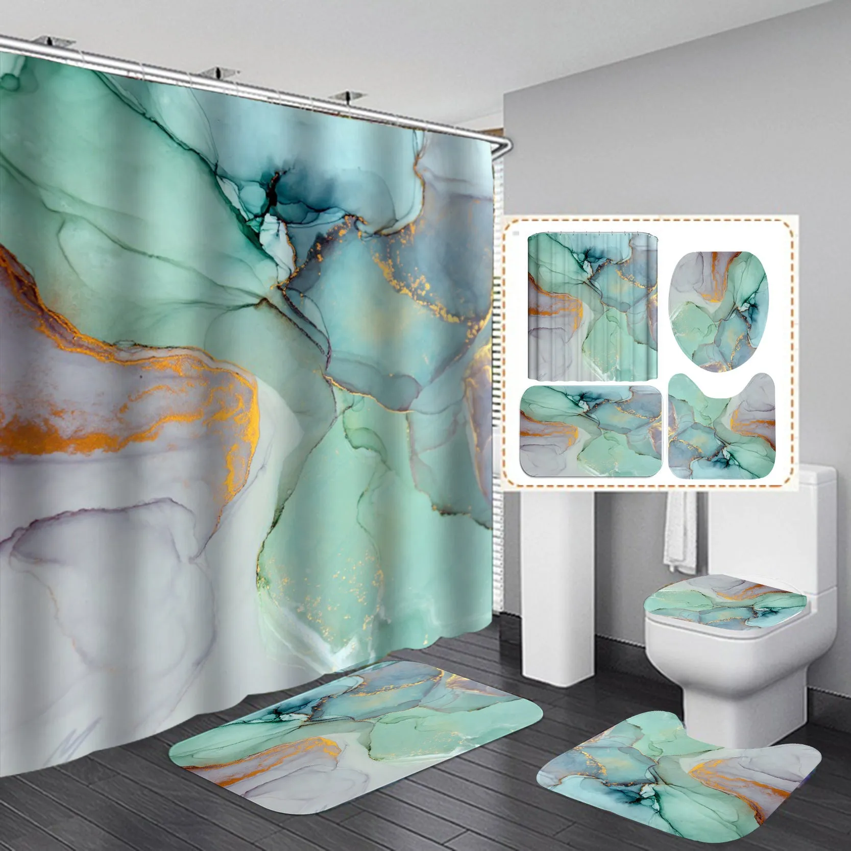 3D Art Geometric Shower Curtains in the Bathroom Waterproof Bath Curtain with Hook Sets Flannel Bath Mat Rugs Carpet Home Decor