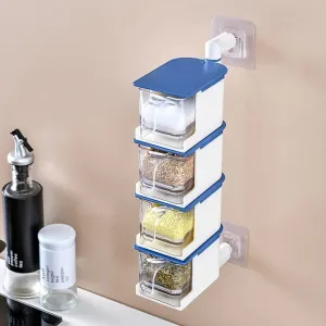 4 Layer Creative Adhesive Wall Hanging Rotary Seasoning Box Condiment Storage Container Kitchen with Spoon Pepper Sugar Spice Jar Rack Food