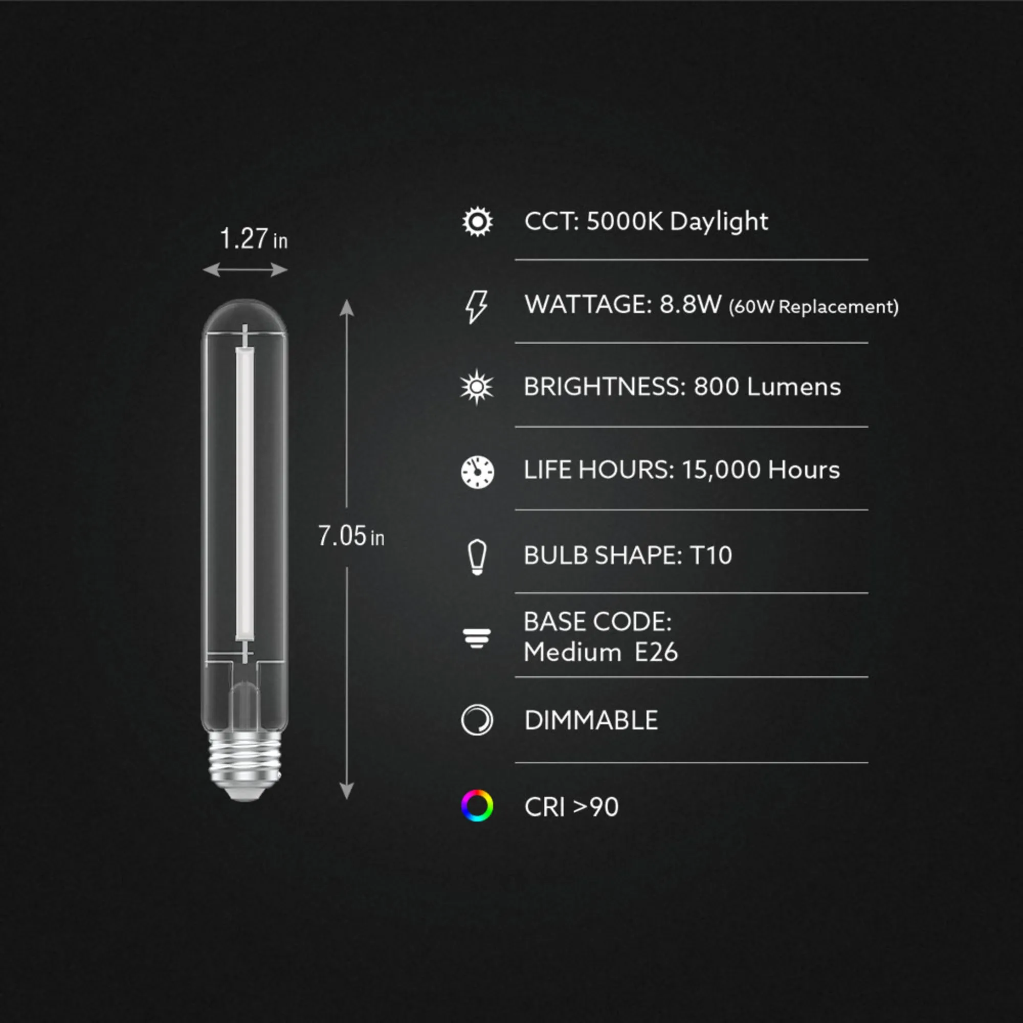 8.8W (60W Replacement) Daylight (5000K) E26 Base T10 Exposed White Filament LED (4-Pack)