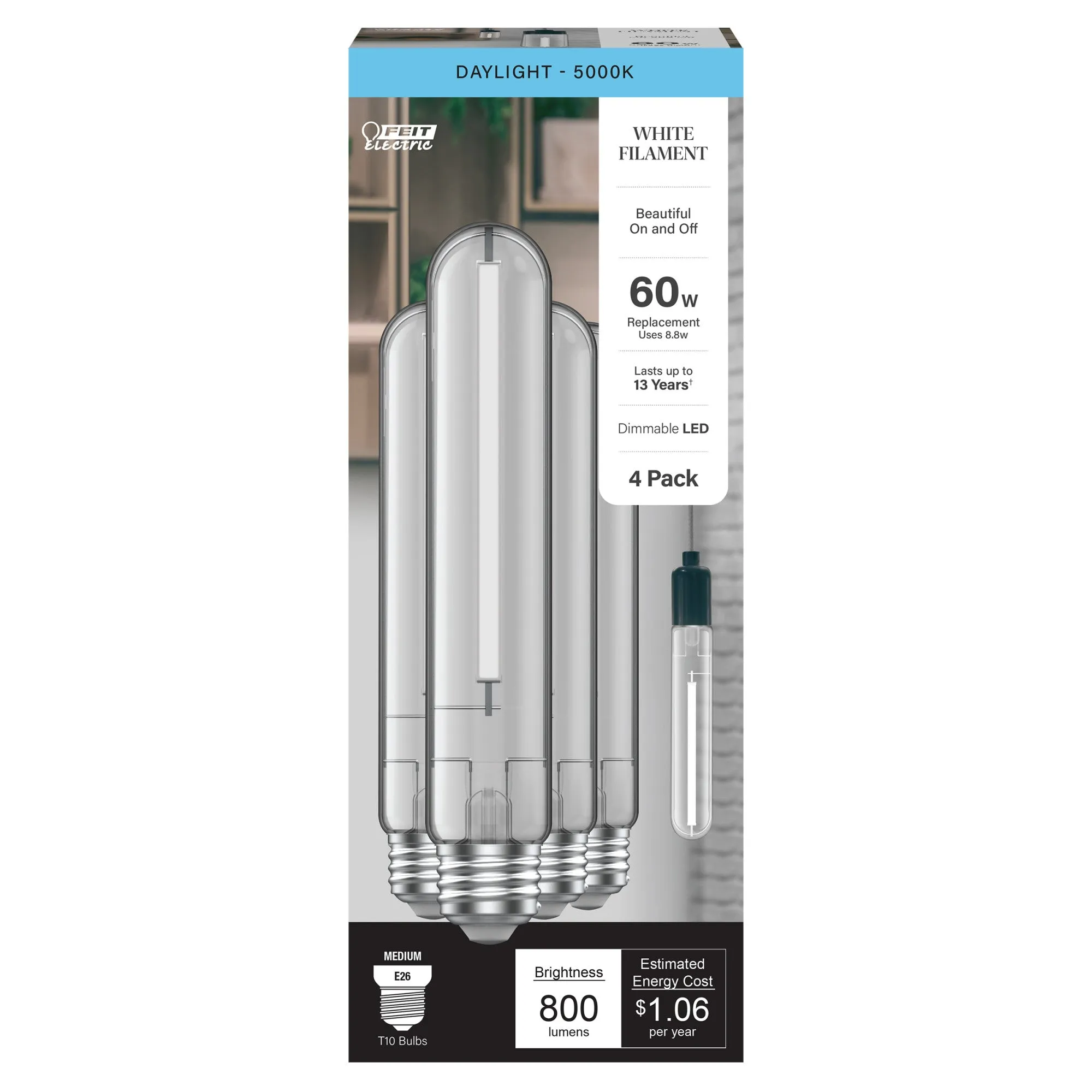 8.8W (60W Replacement) Daylight (5000K) E26 Base T10 Exposed White Filament LED (4-Pack)