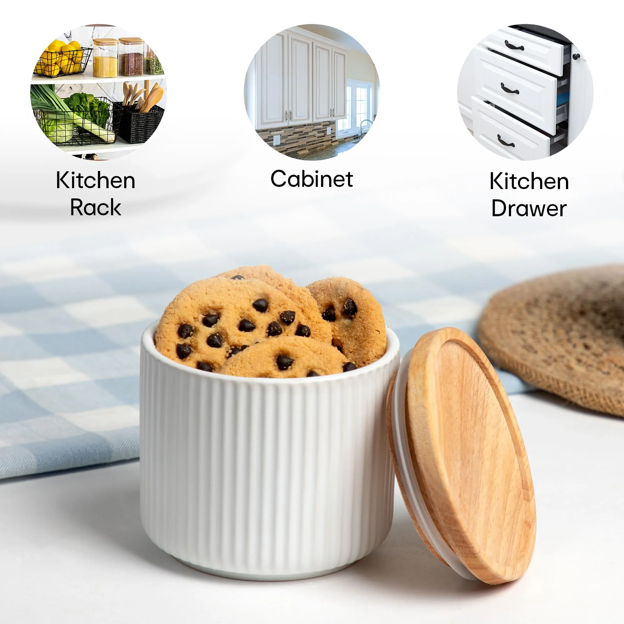 Anko 800ml Stoneware Ceramic Jars for Kitchen Storage | Container Set for Kitchen with Rubberwood Lid & Silicone Ring | Kitchen Container for Snacks, Tea, Sugar | Black | Set of 3