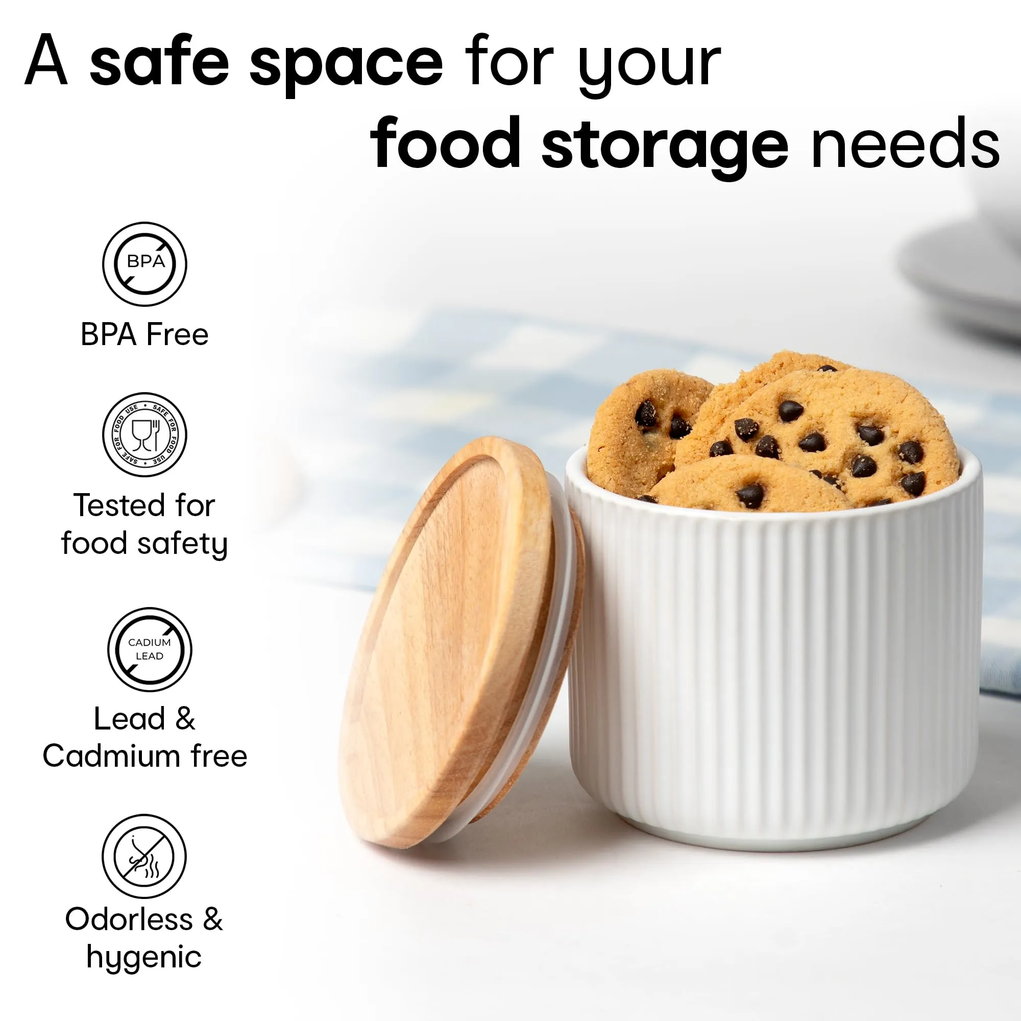Anko 800ml Stoneware Ceramic Jars for Kitchen Storage | Container Set for Kitchen with Rubberwood Lid & Silicone Ring | Kitchen Container for Snacks, Tea, Sugar | Black | Set of 3