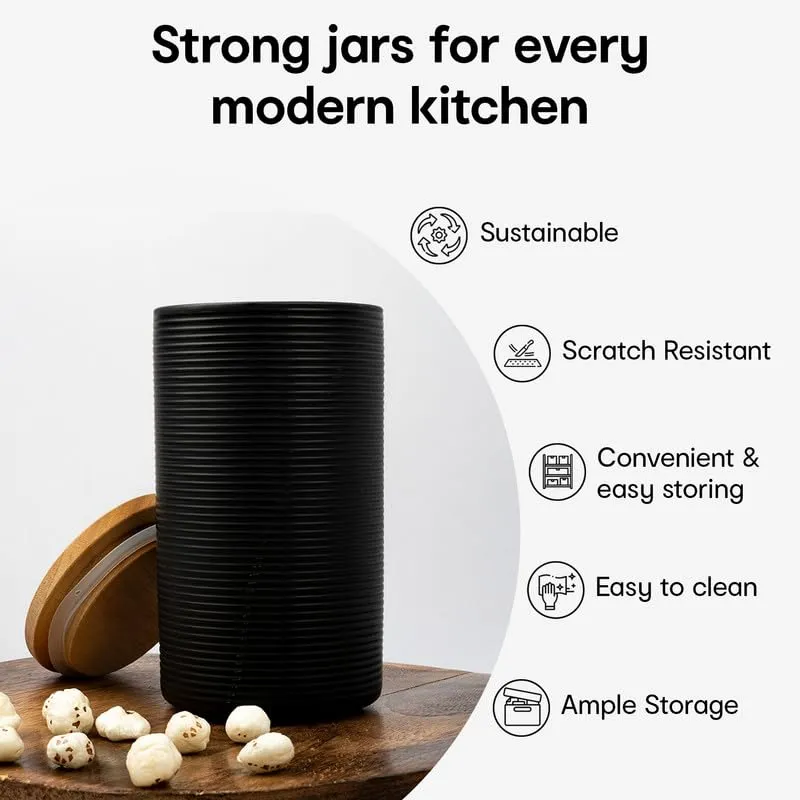 Anko 800ml Stoneware Ceramic Jars for Kitchen Storage | Container Set for Kitchen with Rubberwood Lid & Silicone Ring | Kitchen Container for Snacks, Tea, Sugar | White | Set of 6