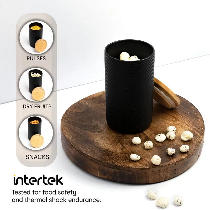 Anko 800ml Stoneware Ceramic Jars for Kitchen Storage | Container Set for Kitchen with Rubberwood Lid & Silicone Ring | Kitchen Container for Snacks, Tea, Sugar | White | Set of 6