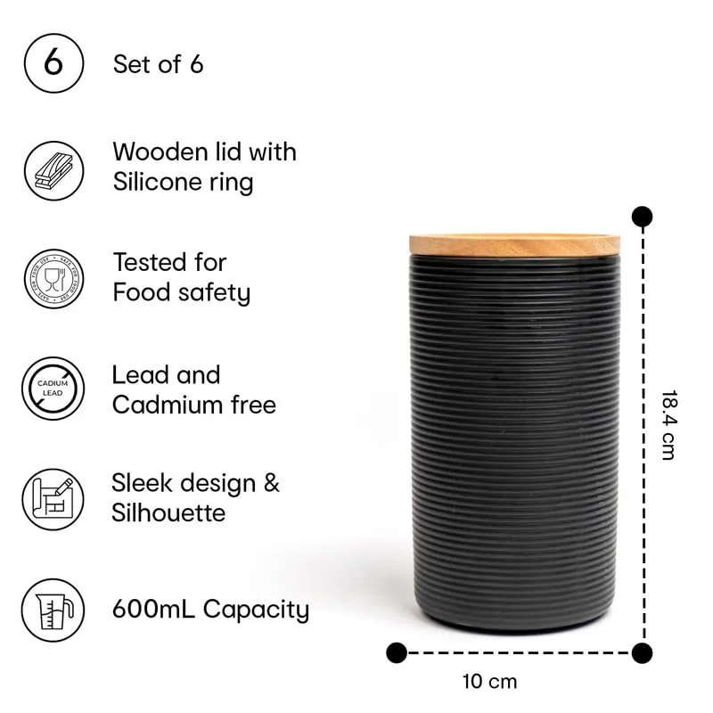Anko 800ml Stoneware Ceramic Jars for Kitchen Storage | Container Set for Kitchen with Rubberwood Lid & Silicone Ring | Kitchen Container for Snacks, Tea, Sugar | White | Set of 6