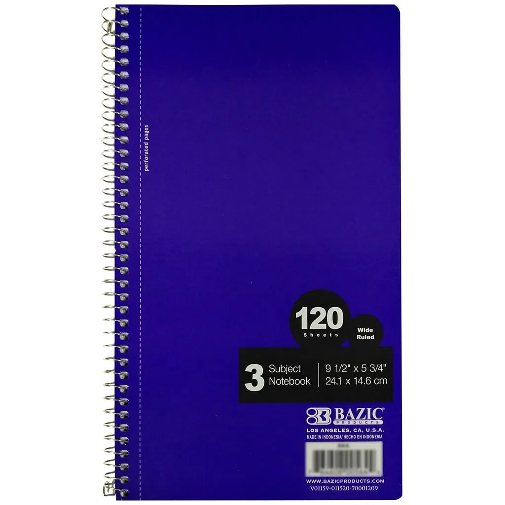 Bazic Notebook Spiral W/R 3-Subject 9.5in x 5.75in 120ct