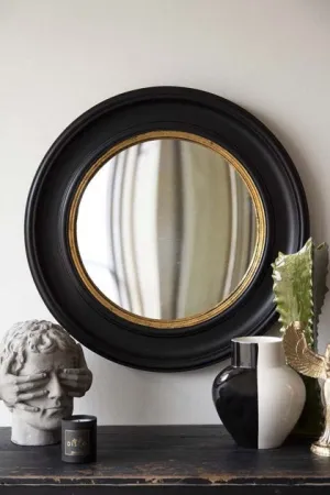 Black Convex Mirror With Aged Gold Detail