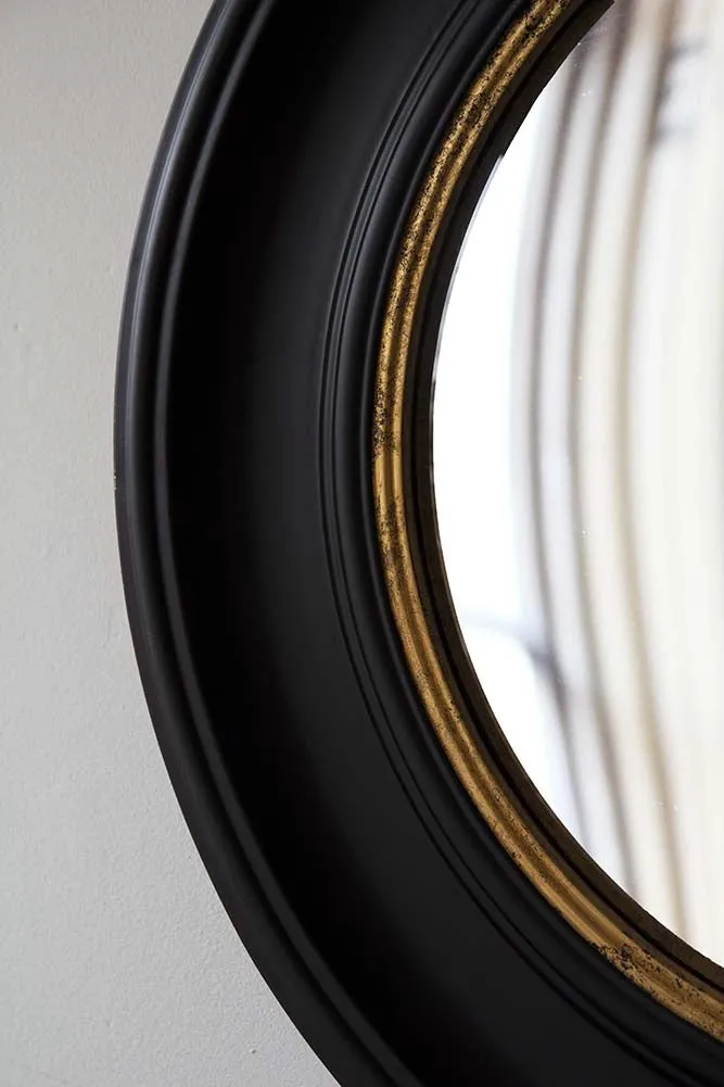 Black Convex Mirror With Aged Gold Detail