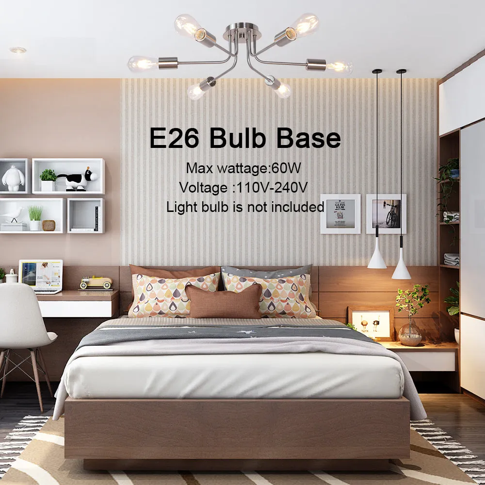 BONLICHT Modern Sputnik Chandelier Brushed Nickel 6 Light Semi Flush Mount Ceiling Lighting