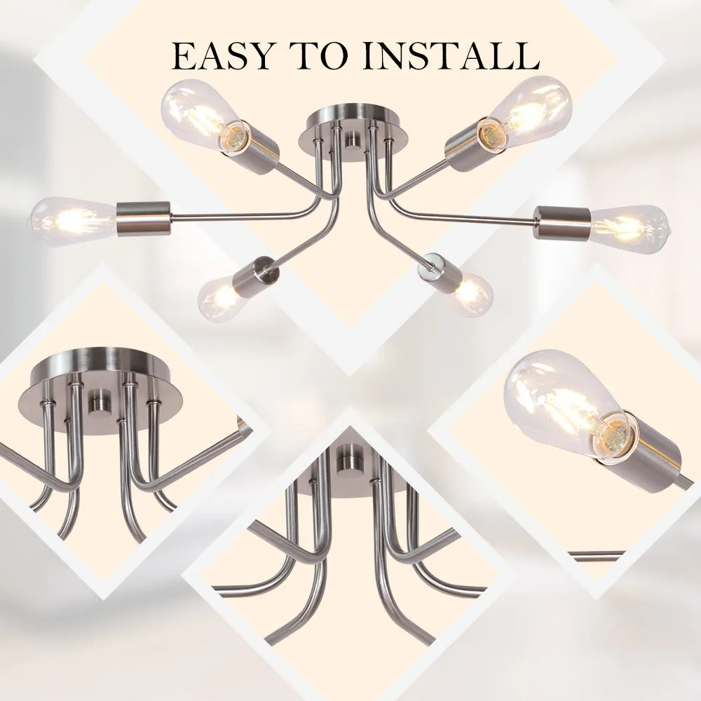 BONLICHT Modern Sputnik Chandelier Brushed Nickel 6 Light Semi Flush Mount Ceiling Lighting
