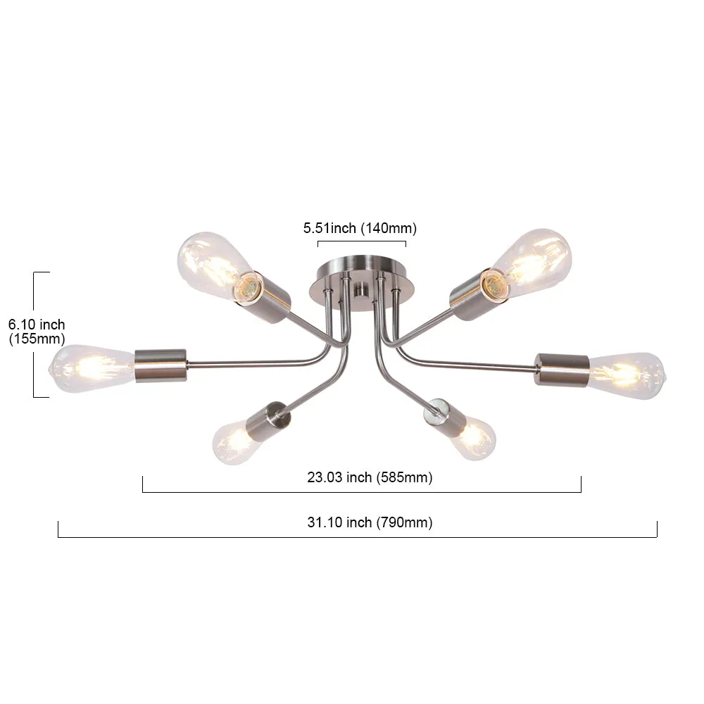 BONLICHT Modern Sputnik Chandelier Brushed Nickel 6 Light Semi Flush Mount Ceiling Lighting
