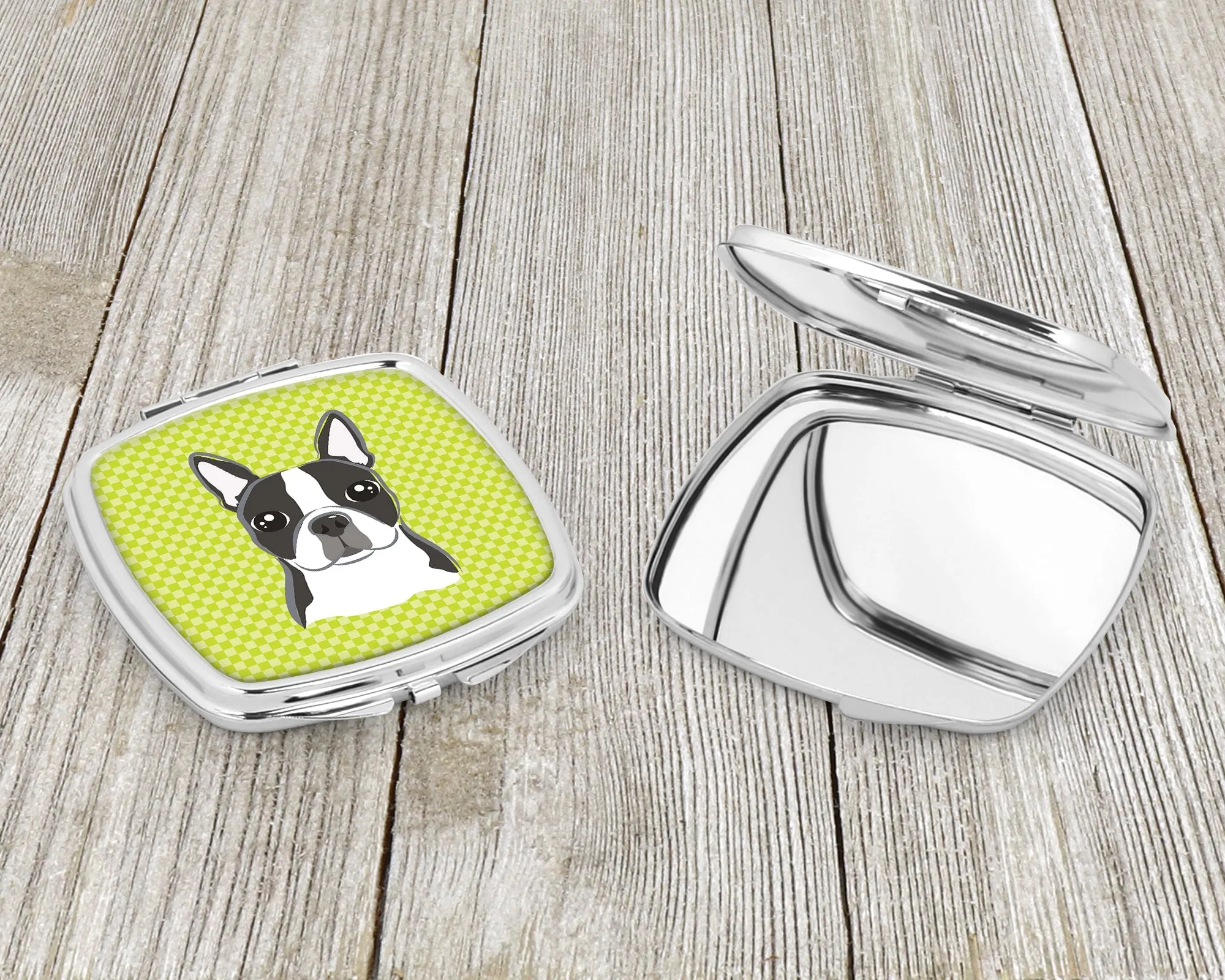 Checkerboard Lime Green Boston Terrier Compact Mirror BB1265SCM by Caroline's Treasures