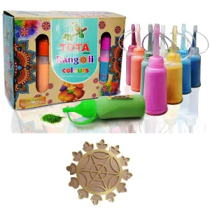COTTONTEE Rangoli Colours with MDF Assorted Stencil Free | Diwali, Puja,Navratri Festivals Rangoli Colours | Perfect to Fill Island Rangoli or in Making Floor Rangoli (Rangoli Pack of 5)