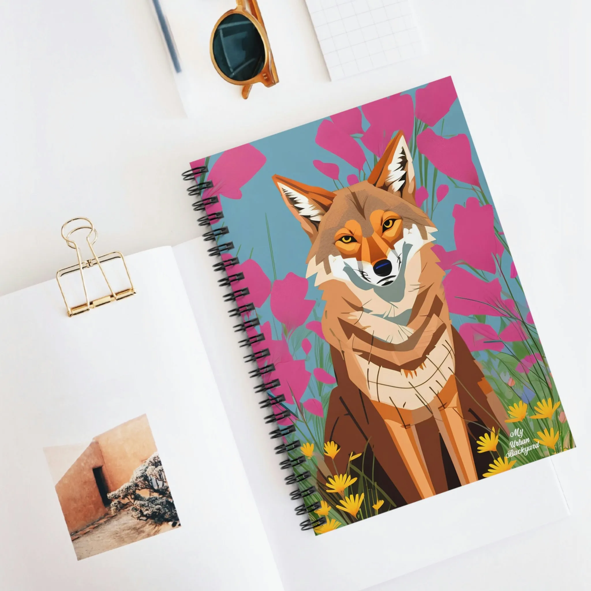 Coyote and Pink Flowers, Spiral Notebook Journal - Write in Style