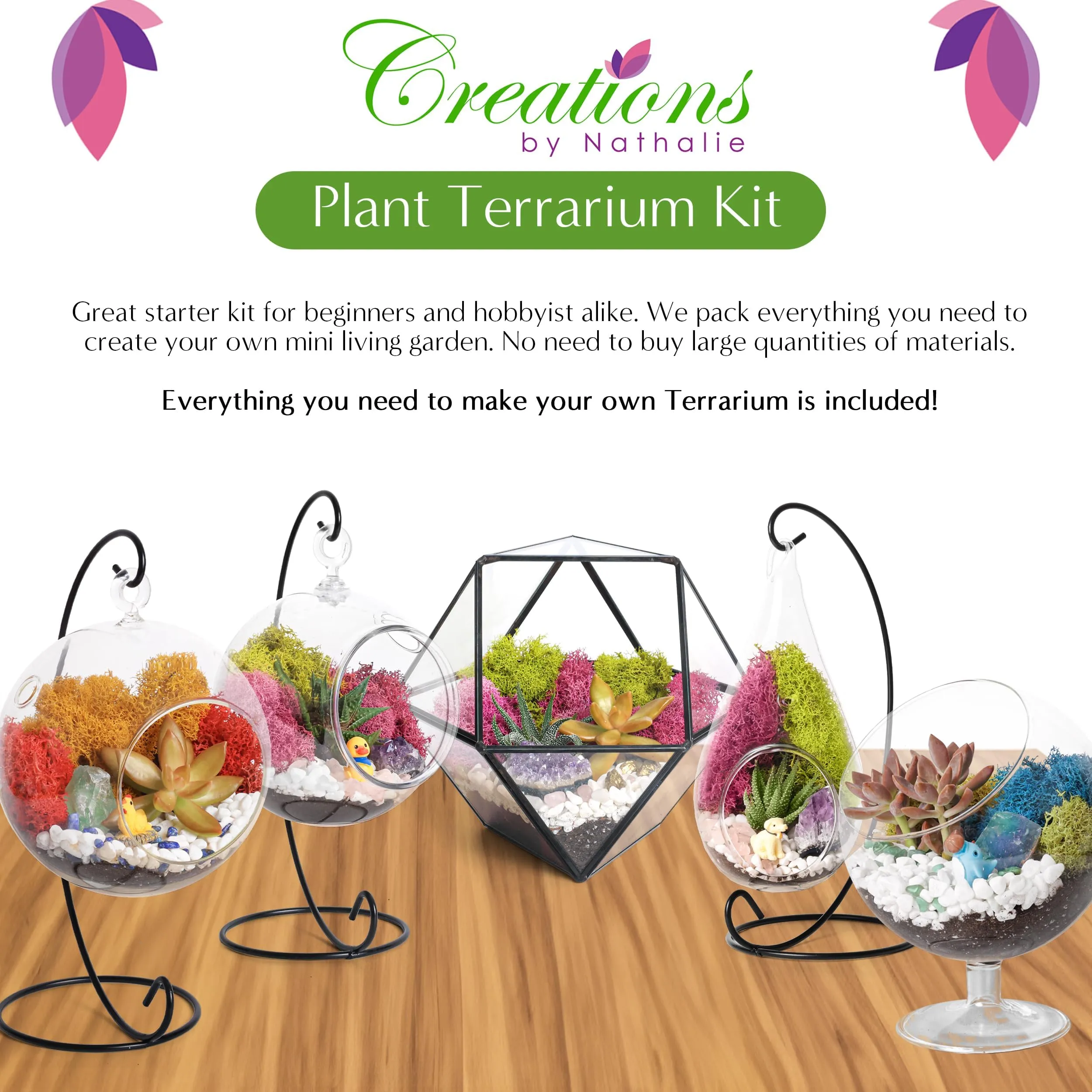 Creations by Nathalie DIY Terrarium Starter Kit - Includes Soil, Moss, Pebbles, Healing Crystal, Tools, Terrarium Supplies, DIY Terrarium Kit for Adults & Kids - Handcrafted in USA