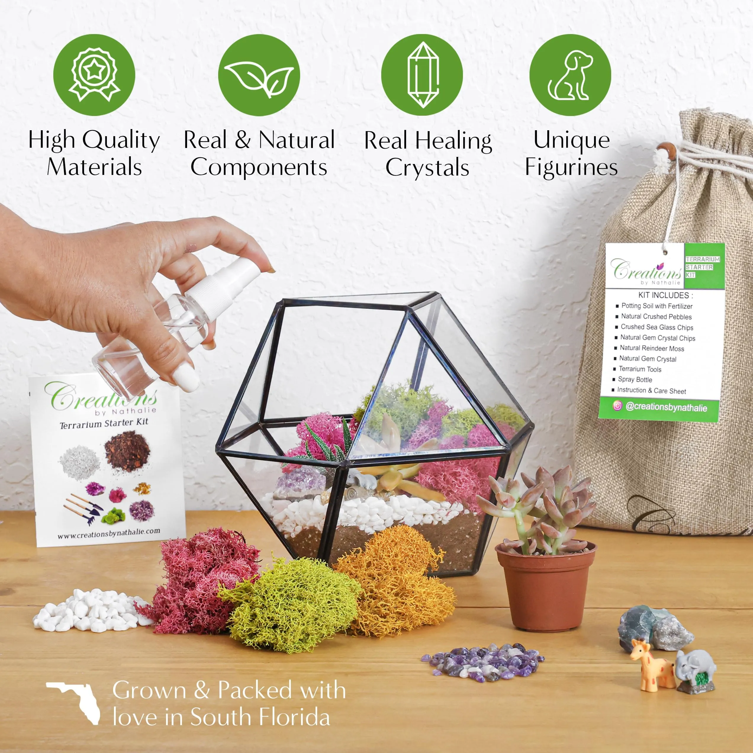 Creations by Nathalie DIY Terrarium Starter Kit - Includes Soil, Moss, Pebbles, Healing Crystal, Tools, Terrarium Supplies, DIY Terrarium Kit for Adults & Kids - Handcrafted in USA