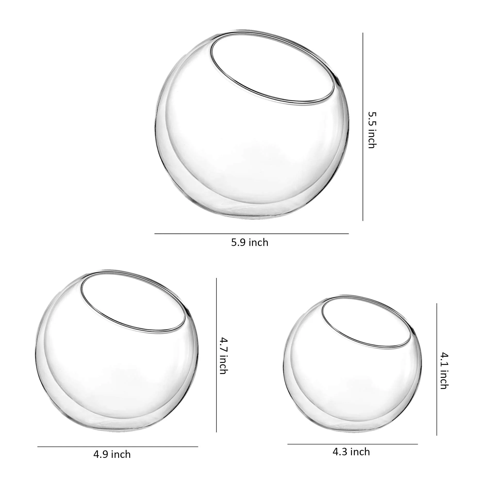 Double Wall Glass Slant Bowls Dia 6/5/4.5 Inch , Glass Terrarium, Globe Plant Vases
