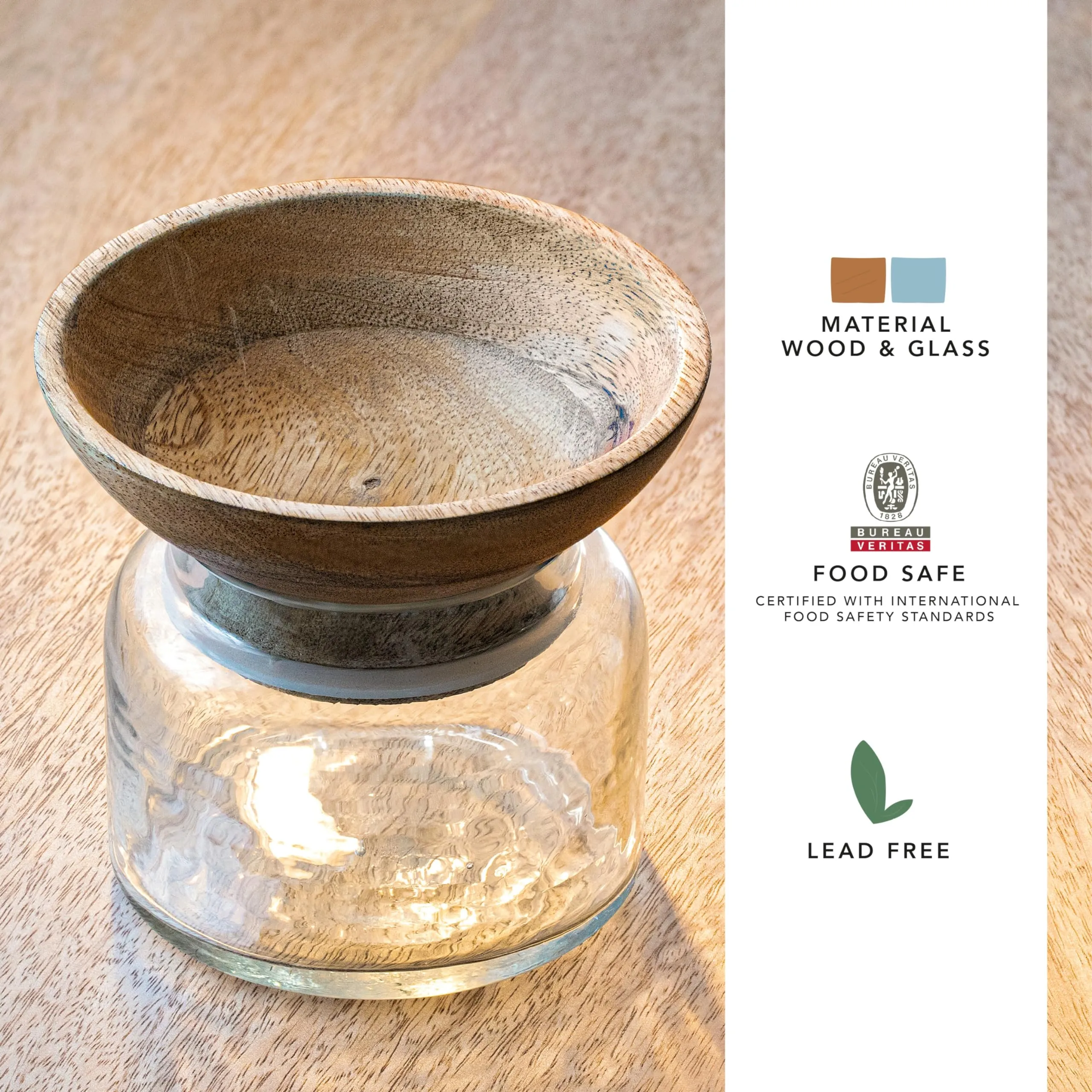 Ellementry Twain Glass Jar with Wooden Bowl (200 ML) | Transparent and BPA Free | Wooden Bowl | Kitchen Organizer | Modular | Multipurpose Storage Jar | Grocery, Dry Fruit and Spice Jars (Pack Of 4)