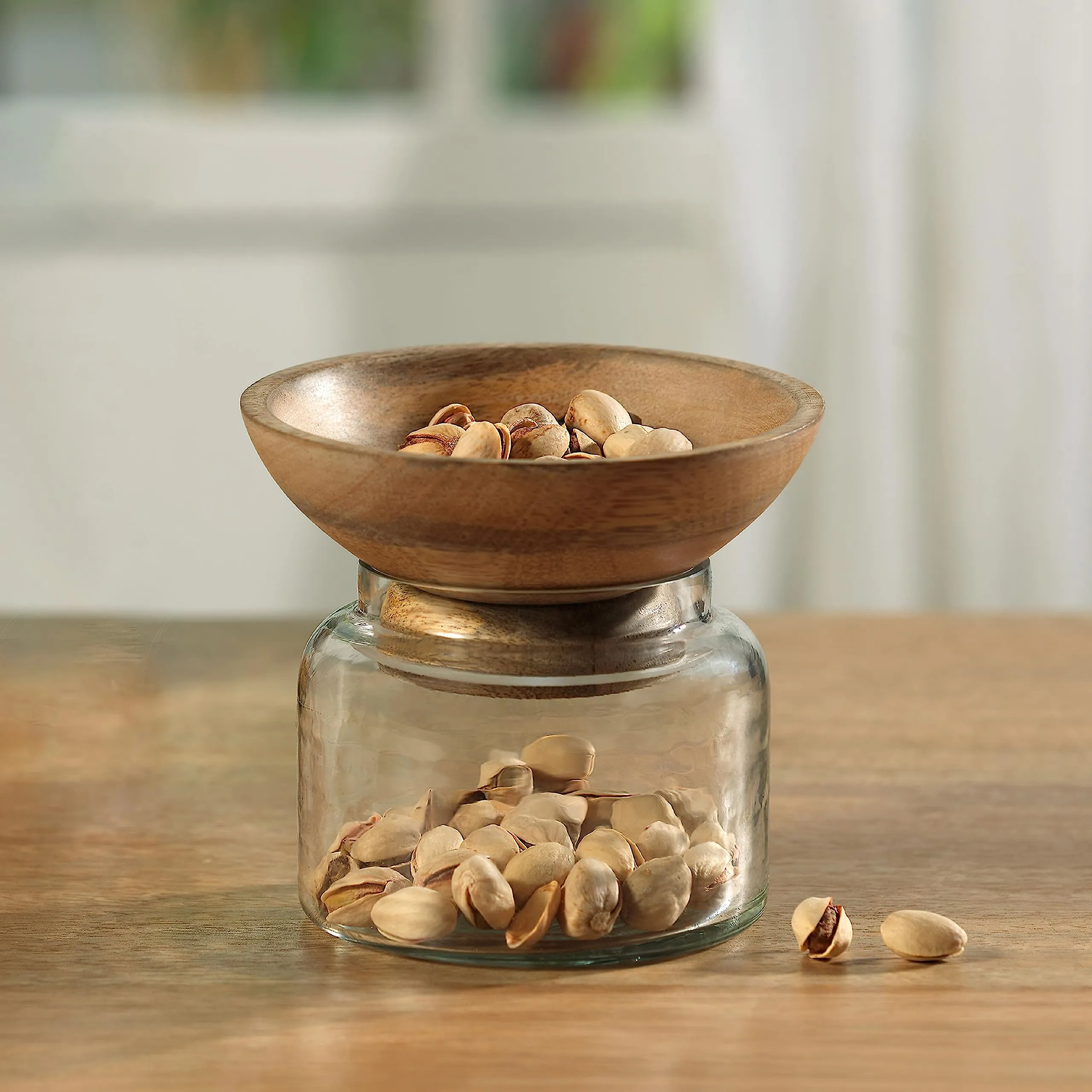 Ellementry Twain Glass Jar with Wooden Bowl (200 ML) | Transparent and BPA Free | Wooden Bowl | Kitchen Organizer | Modular | Multipurpose Storage Jar | Grocery, Dry Fruit and Spice Jars (Pack Of 4)