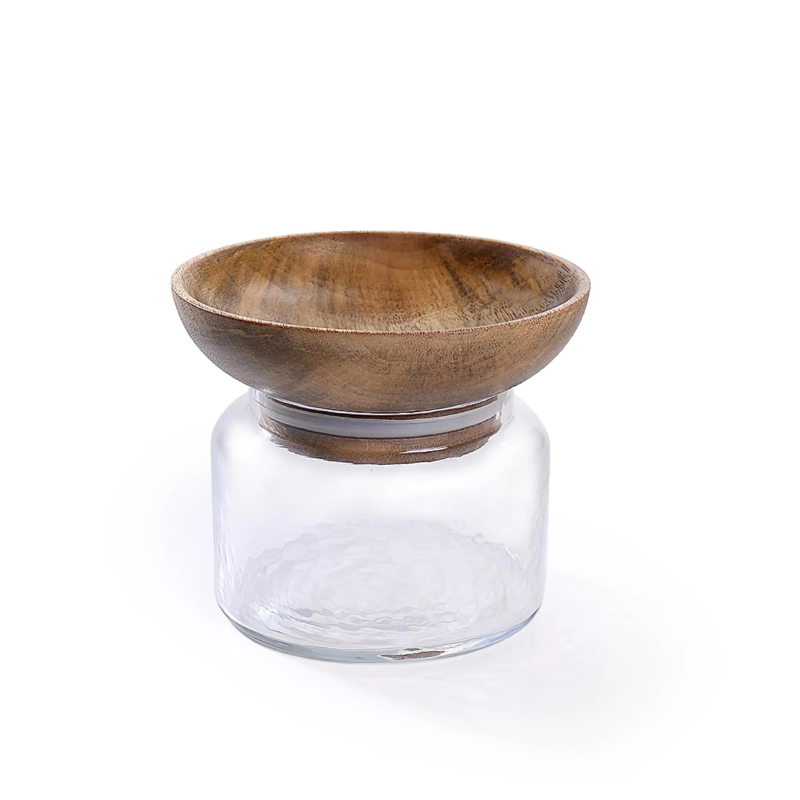 Ellementry Twain Glass Jar with Wooden Bowl (200 ML) | Transparent and BPA Free | Wooden Bowl | Kitchen Organizer | Modular | Multipurpose Storage Jar | Grocery, Dry Fruit and Spice Jars (Pack Of 4)