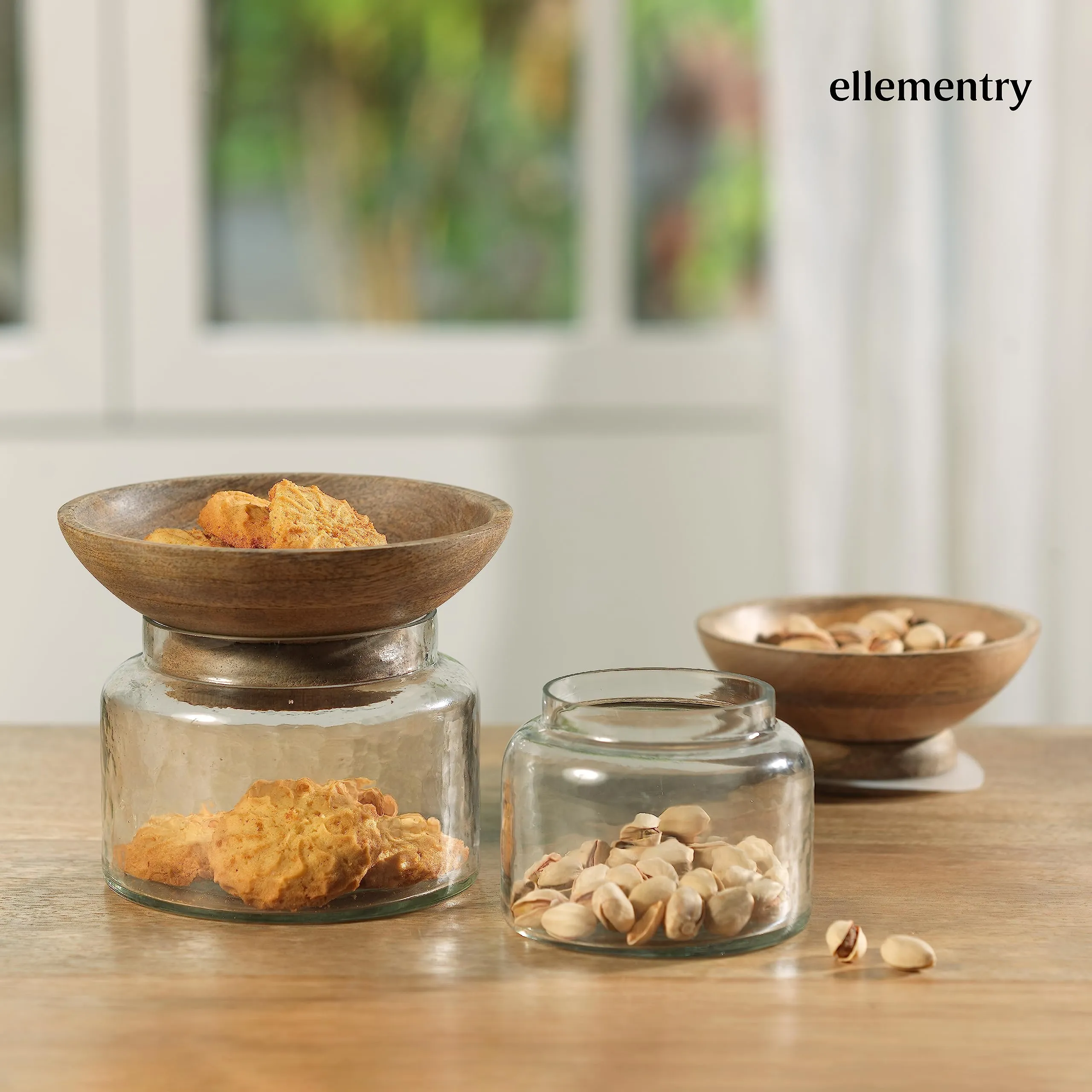 Ellementry Twain Glass Jar with Wooden Bowl (200 ML) | Transparent and BPA Free | Wooden Bowl | Kitchen Organizer | Modular | Multipurpose Storage Jar | Grocery, Dry Fruit and Spice Jars (Pack Of 4)