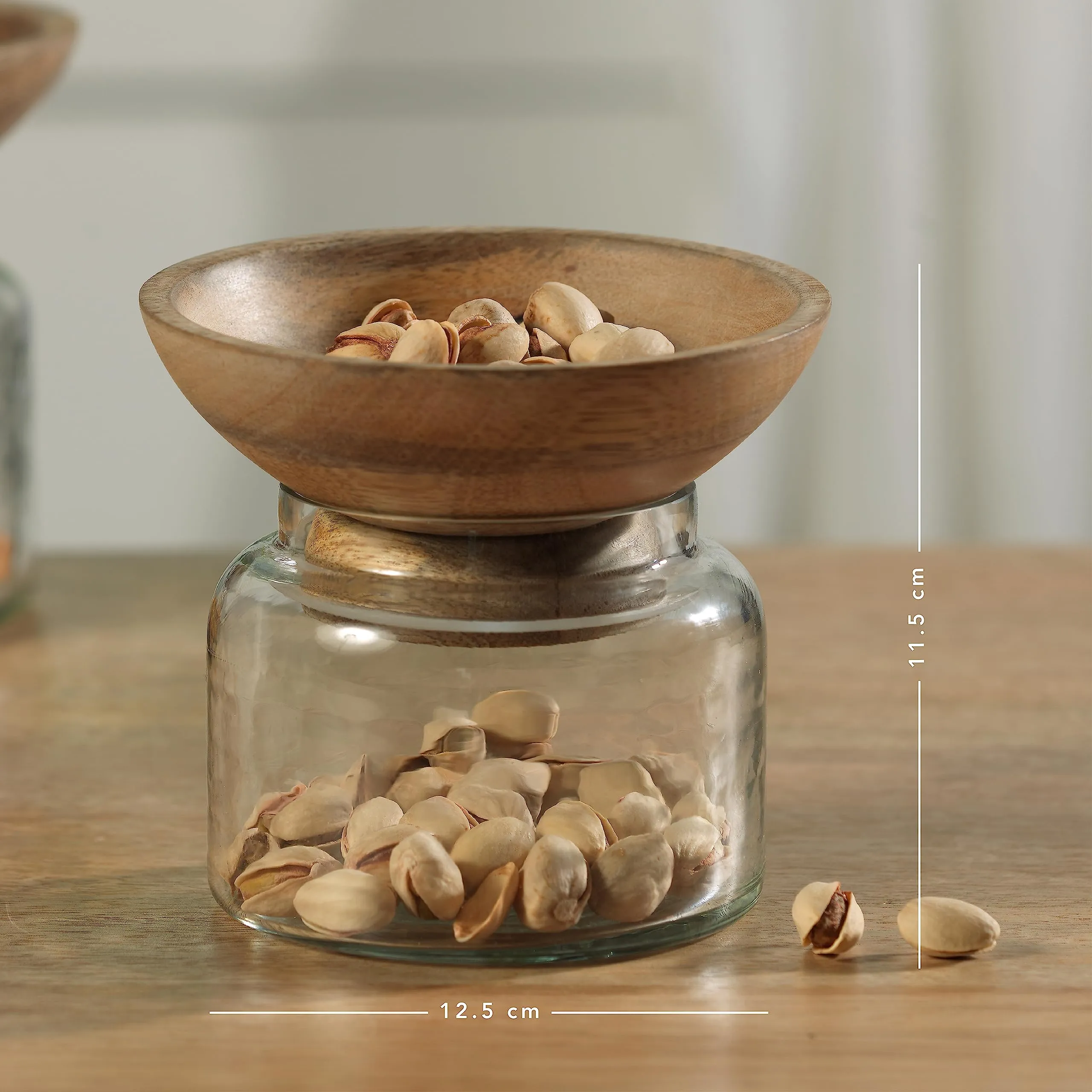 Ellementry Twain Glass Jar with Wooden Bowl (200 ML) | Transparent and BPA Free | Wooden Bowl | Kitchen Organizer | Modular | Multipurpose Storage Jar | Grocery, Dry Fruit and Spice Jars (Pack Of 4)