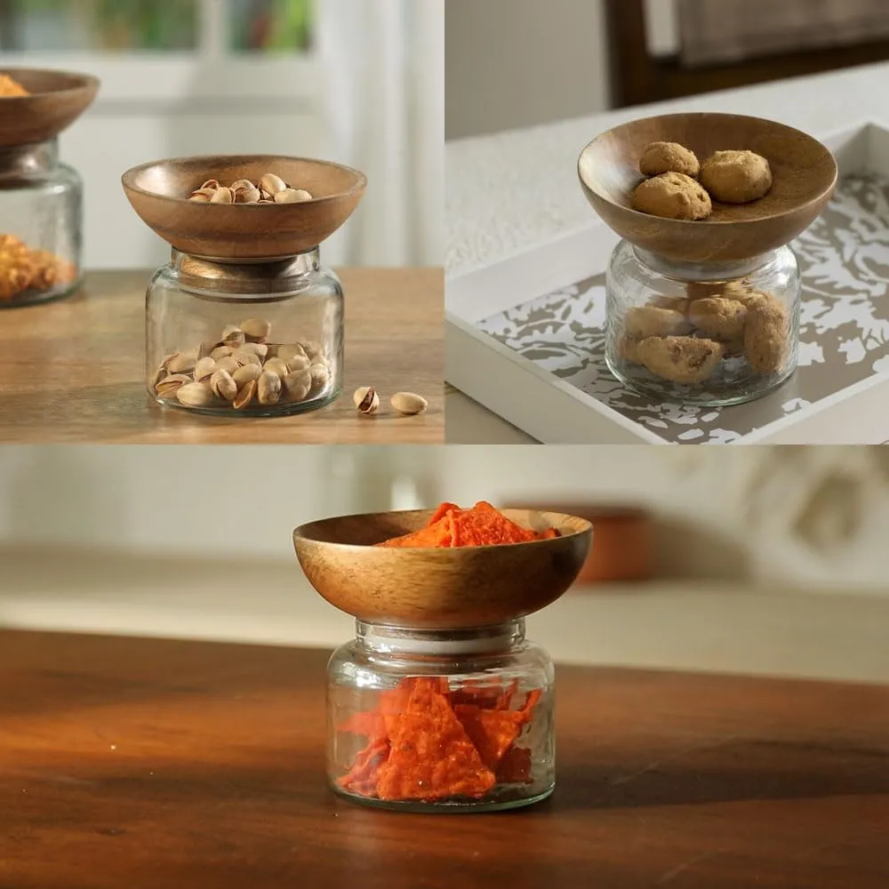 Ellementry Twain Glass Jar with Wooden Bowl (200 ML) | Transparent and BPA Free | Wooden Bowl | Kitchen Organizer | Modular | Multipurpose Storage Jar | Grocery, Dry Fruit and Spice Jars (Pack Of 4)