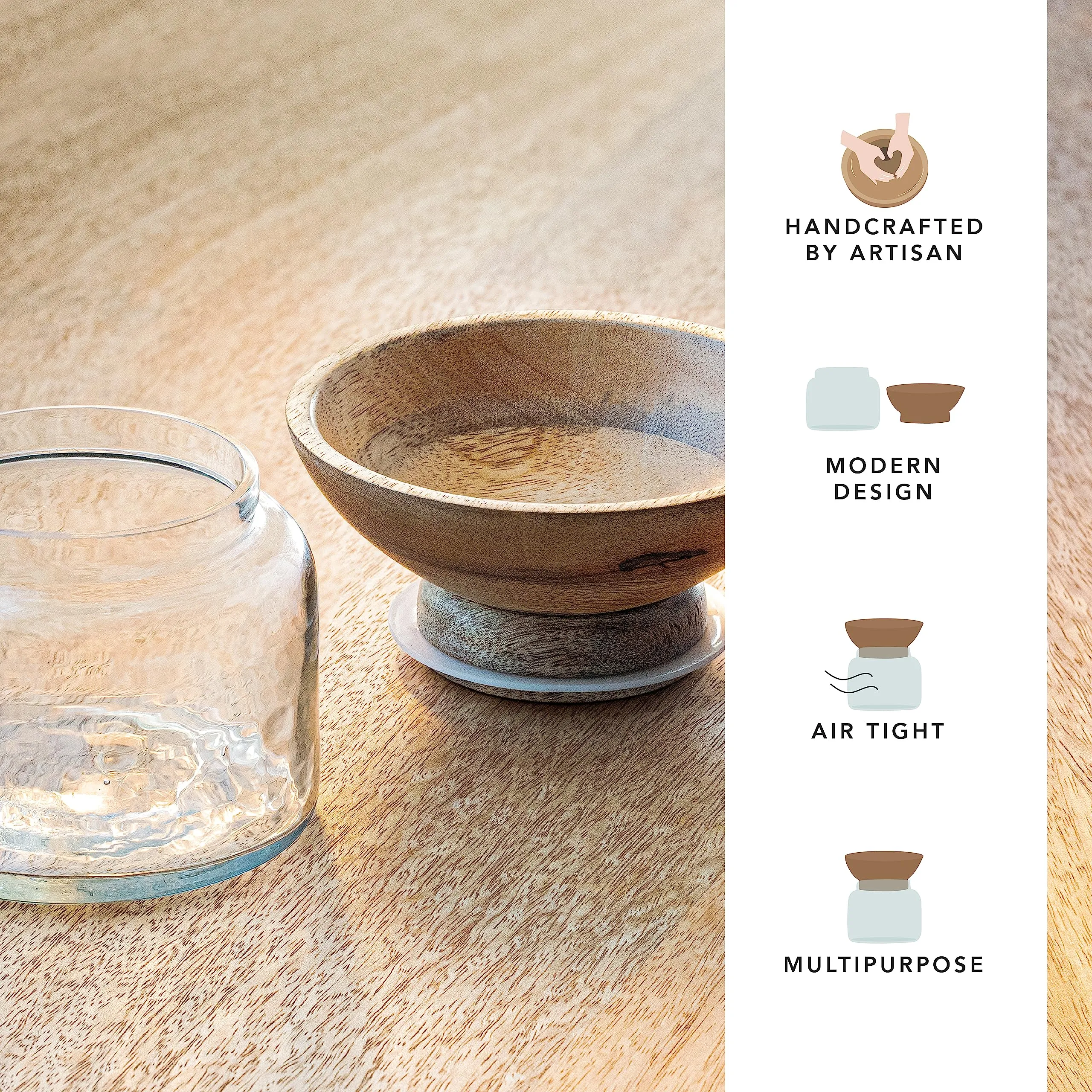 Ellementry Twain Glass Jar with Wooden Bowl (200 ML) | Transparent and BPA Free | Wooden Bowl | Kitchen Organizer | Modular | Multipurpose Storage Jar | Grocery, Dry Fruit and Spice Jars (Pack Of 4)