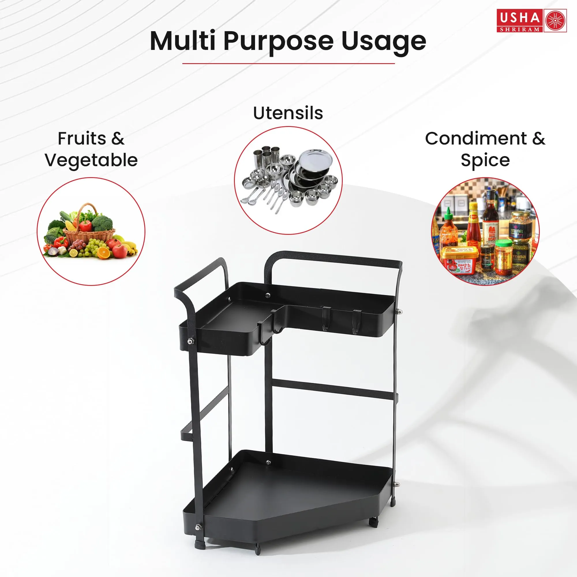 Kuber Industries Corner Kitchen Rack|Spice Rack,Chopsticks Rest, Knife Holder|4 Hooks Kitchen Storage Rack (Black)