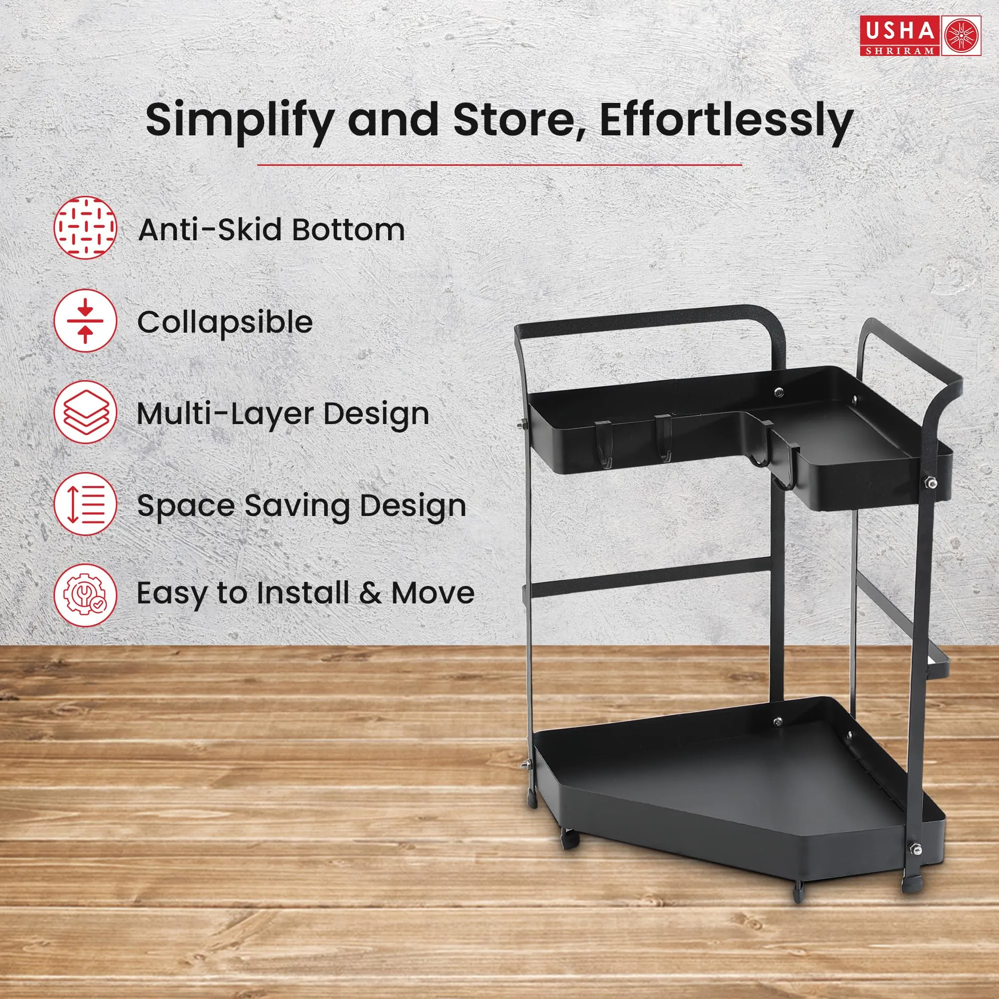Kuber Industries Corner Kitchen Rack|Spice Rack,Chopsticks Rest, Knife Holder|4 Hooks Kitchen Storage Rack (Black)