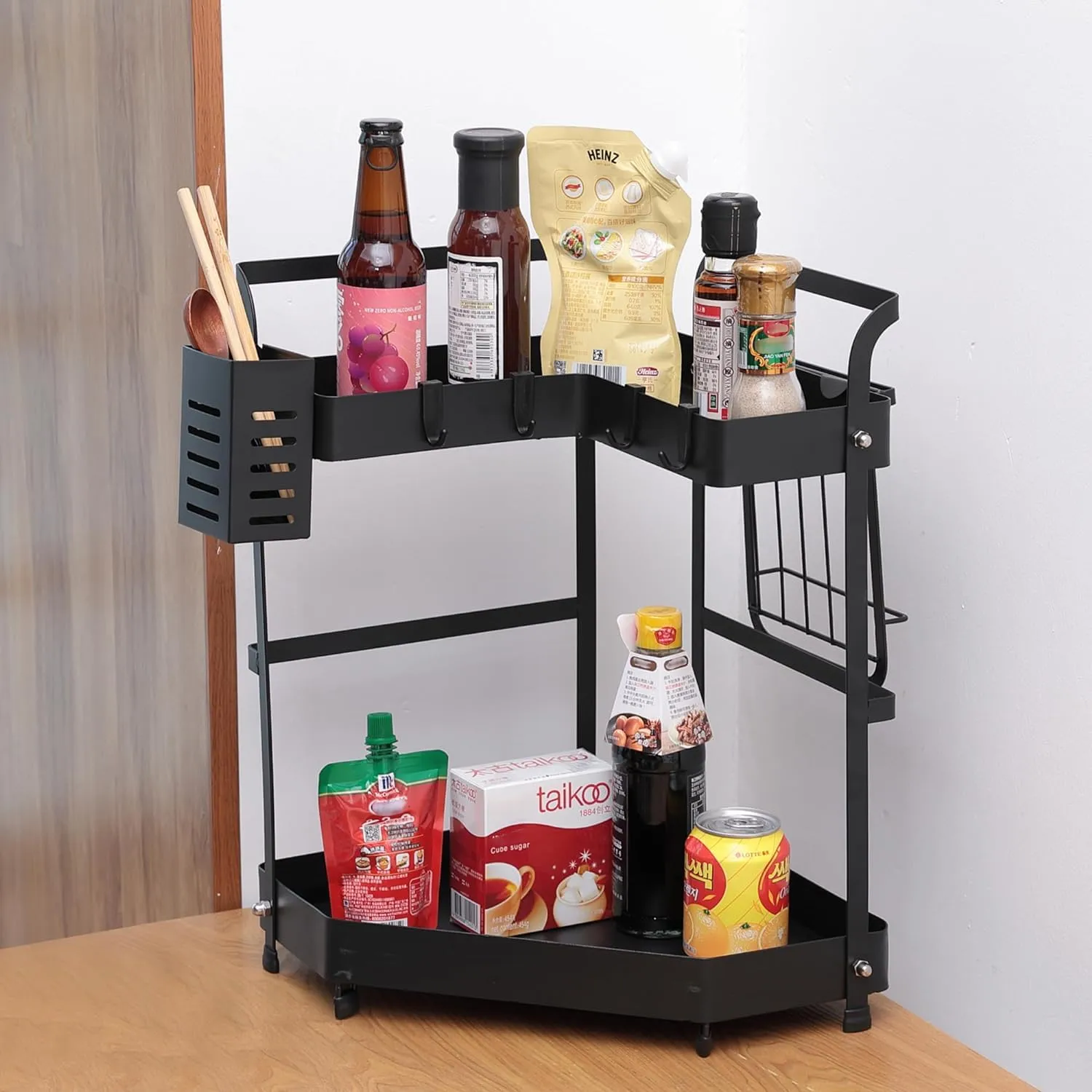 Kuber Industries Corner Kitchen Rack|Spice Rack,Chopsticks Rest, Knife Holder|4 Hooks Kitchen Storage Rack|L Shape Basket Pack of 4 (Black)