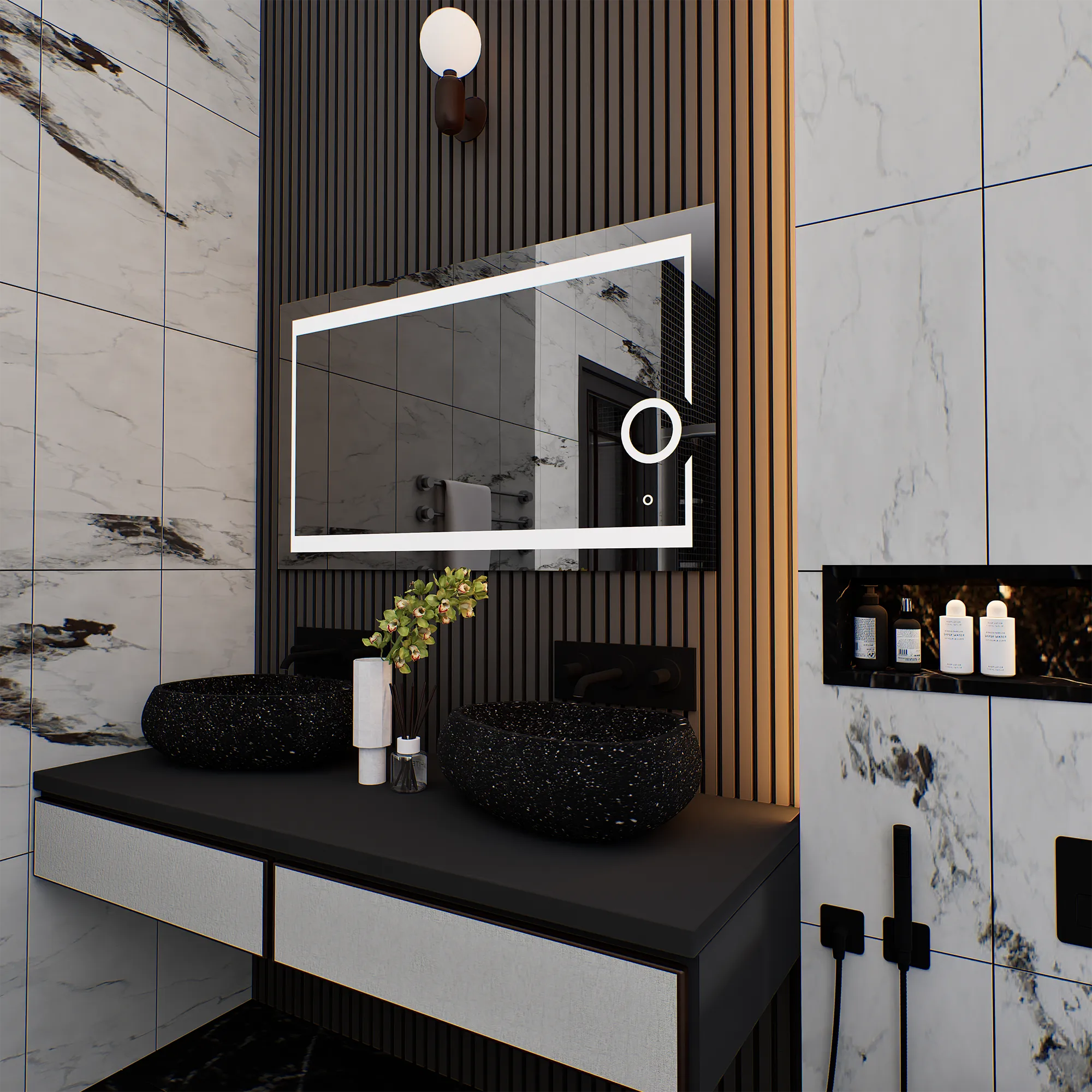 LED Lighted Bathroom Vanity Mirror with Magnifying Mirror, Anti-Fog, Touch Button, CRI 90 ,Adjustable Color Temperature & Remembrance Makeup Mirror, Auspice Style