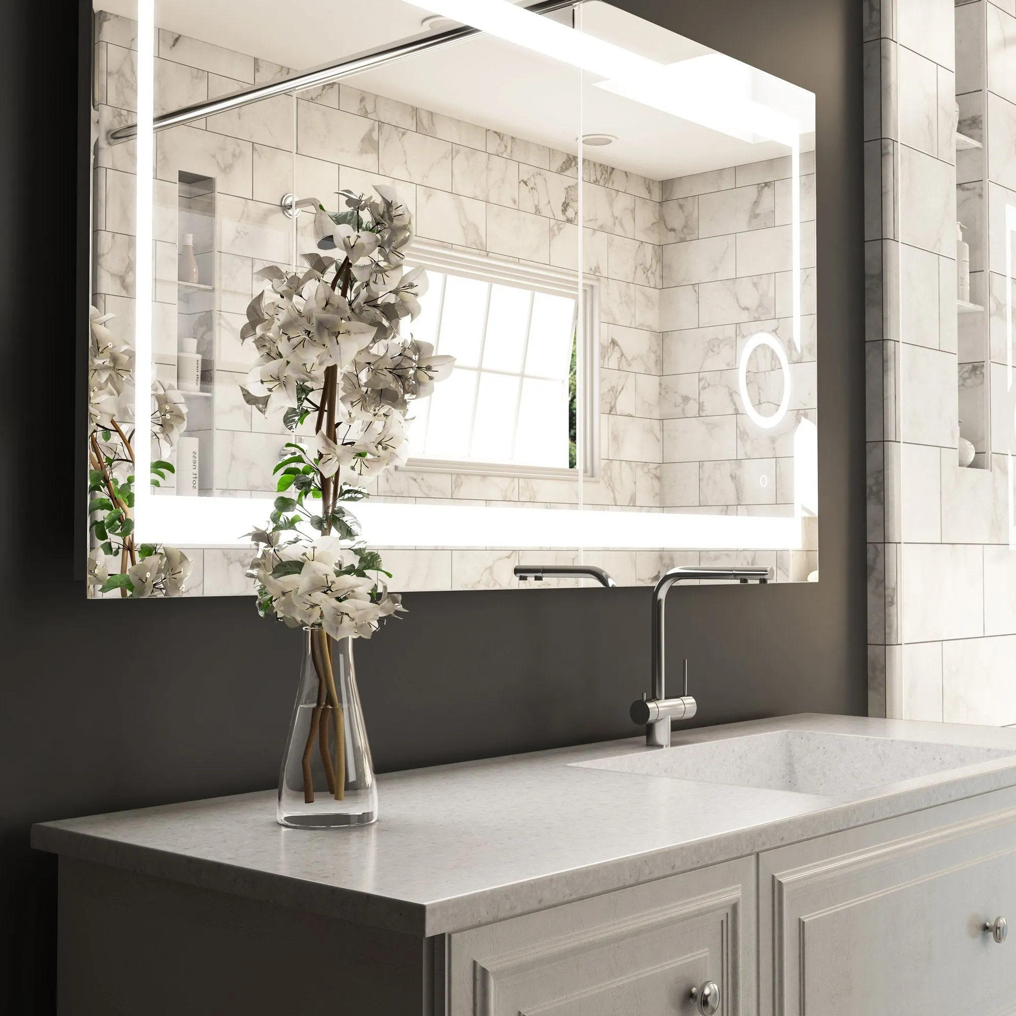 LED Lighted Bathroom Vanity Mirror with Magnifying Mirror, Anti-Fog, Touch Button, CRI 90 ,Adjustable Color Temperature & Remembrance Makeup Mirror, Auspice Style
