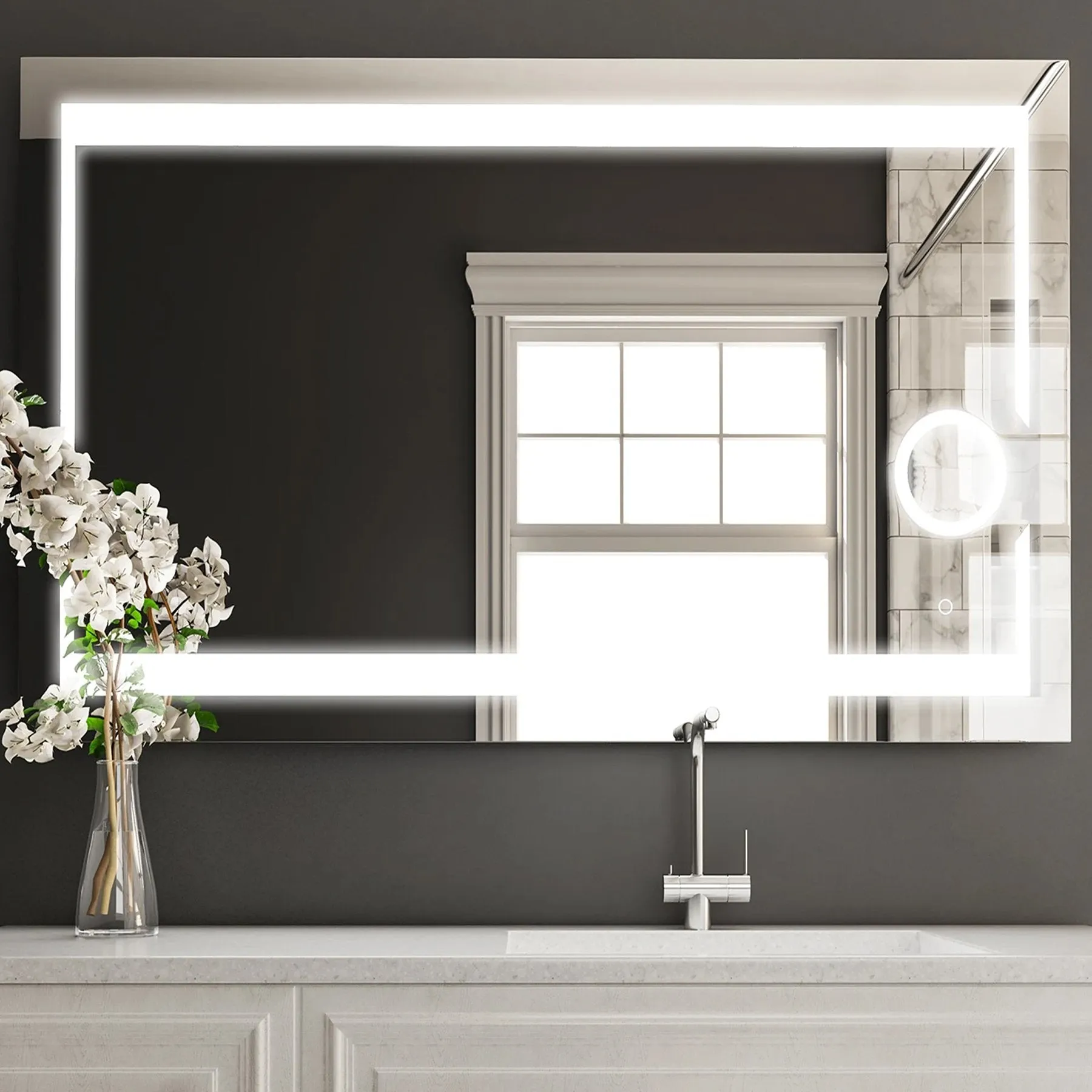 LED Lighted Bathroom Vanity Mirror with Magnifying Mirror, Anti-Fog, Touch Button, CRI 90 ,Adjustable Color Temperature & Remembrance Makeup Mirror, Auspice Style