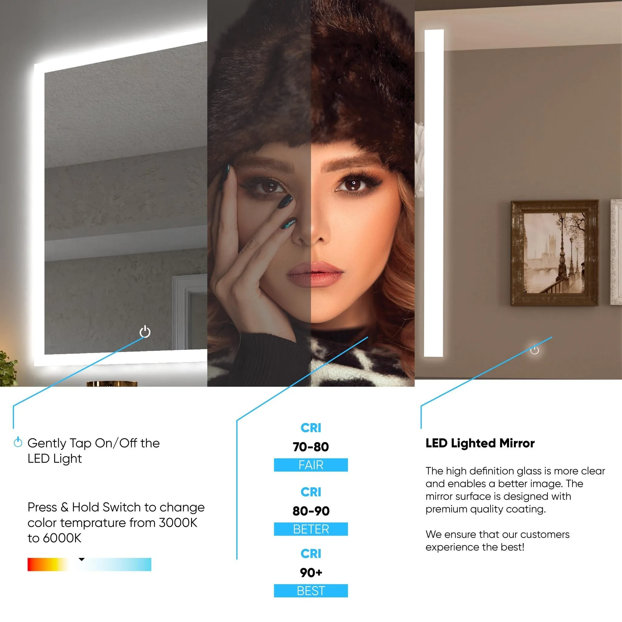 LED Lighted Bathroom Vanity Mirror with Magnifying Mirror, Anti-Fog, Touch Button, CRI 90 ,Adjustable Color Temperature & Remembrance Makeup Mirror, Auspice Style