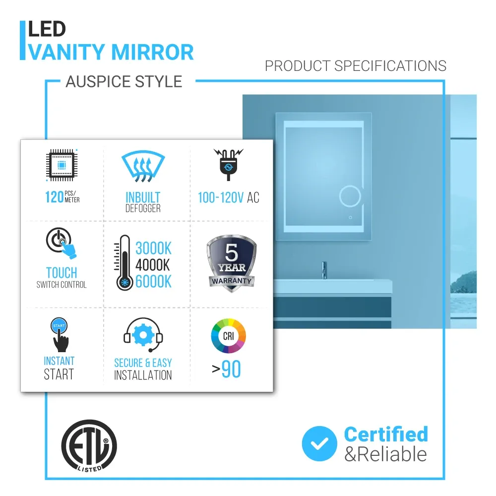 LED Lighted Bathroom Vanity Mirror with Magnifying Mirror, Anti-Fog, Touch Button, CRI 90 ,Adjustable Color Temperature & Remembrance Makeup Mirror, Auspice Style