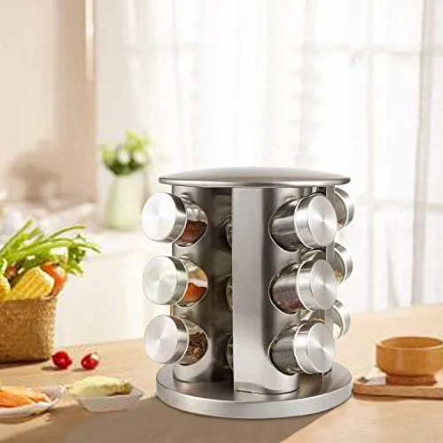 Matiko Spice Jar Rack Revolving Rotating Tiered Shelf Countertop, Spice Organizer, Seasoning Set, Spice Carousel Stainless Steel Stand Storage Holder With 12 Pcs Glass