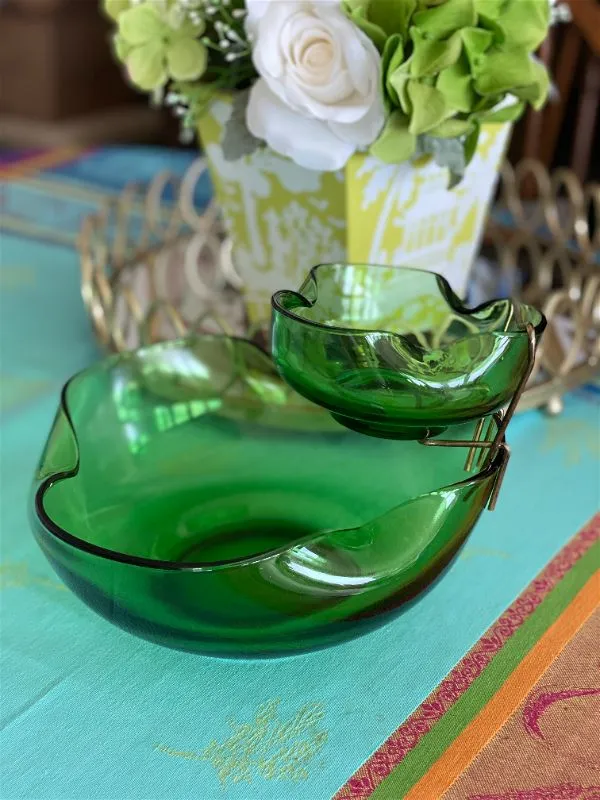 MCM Green Glass Chip and Dip Bowl Set, Vintage, Mid Century Modern