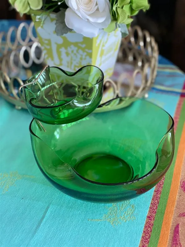 MCM Green Glass Chip and Dip Bowl Set, Vintage, Mid Century Modern