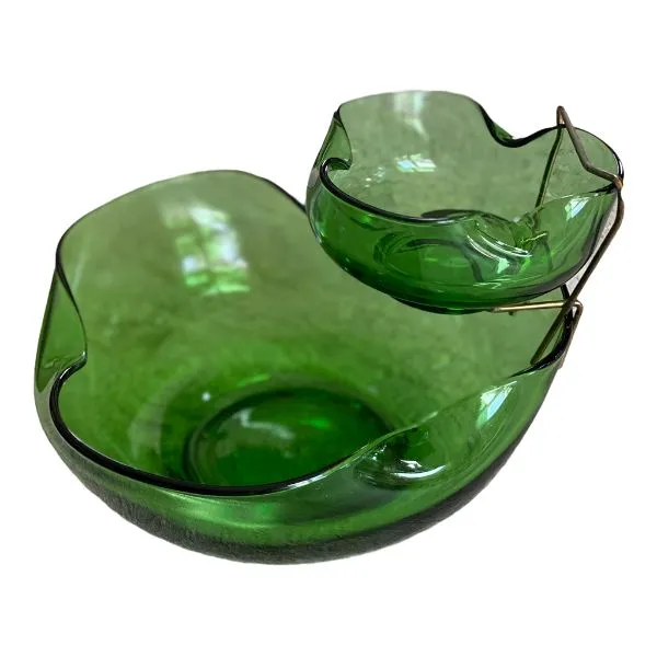 MCM Green Glass Chip and Dip Bowl Set, Vintage, Mid Century Modern