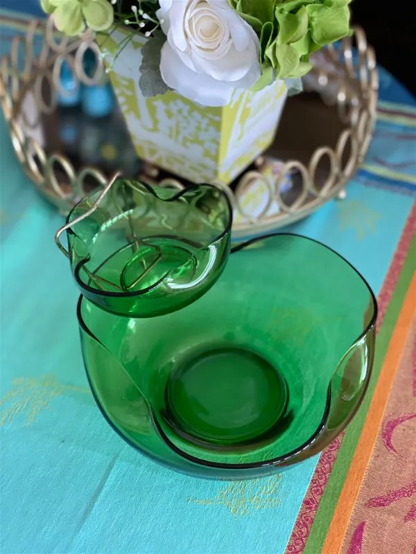 MCM Green Glass Chip and Dip Bowl Set, Vintage, Mid Century Modern