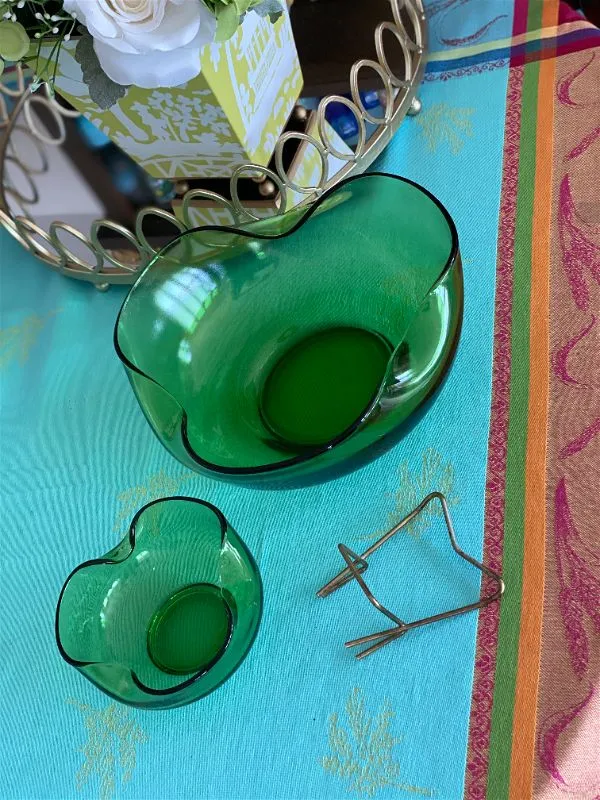 MCM Green Glass Chip and Dip Bowl Set, Vintage, Mid Century Modern