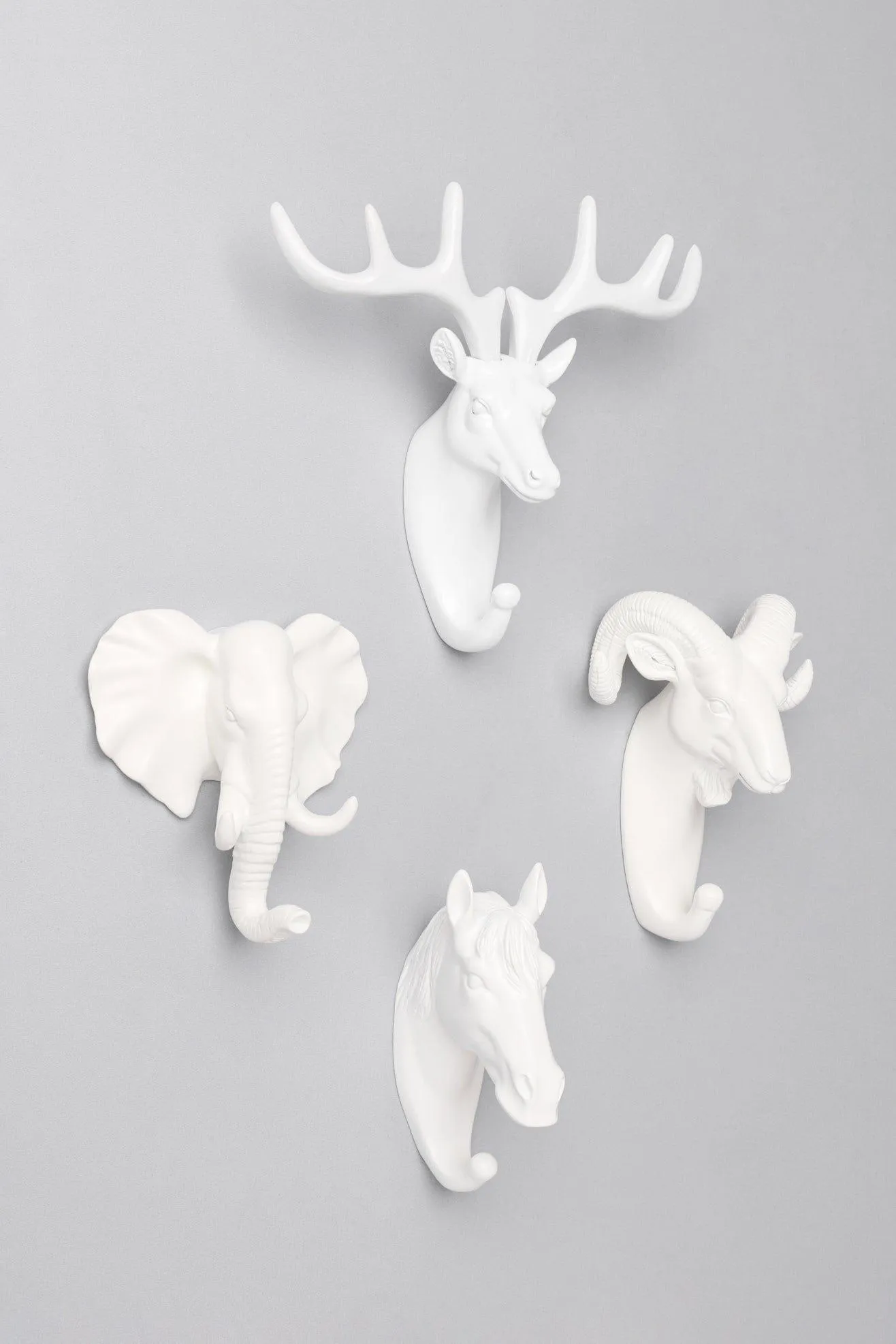 Ornamental White Animal Heads Wildlife Solid Resin Wall Organizer Coat Hook