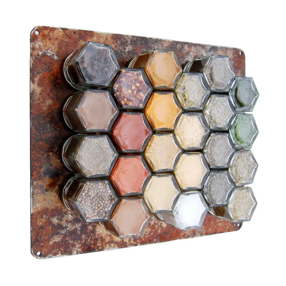 PANTRY SPICES | 24 Magnetic Jars Filled with Organic Spices   Rustic Wall Base