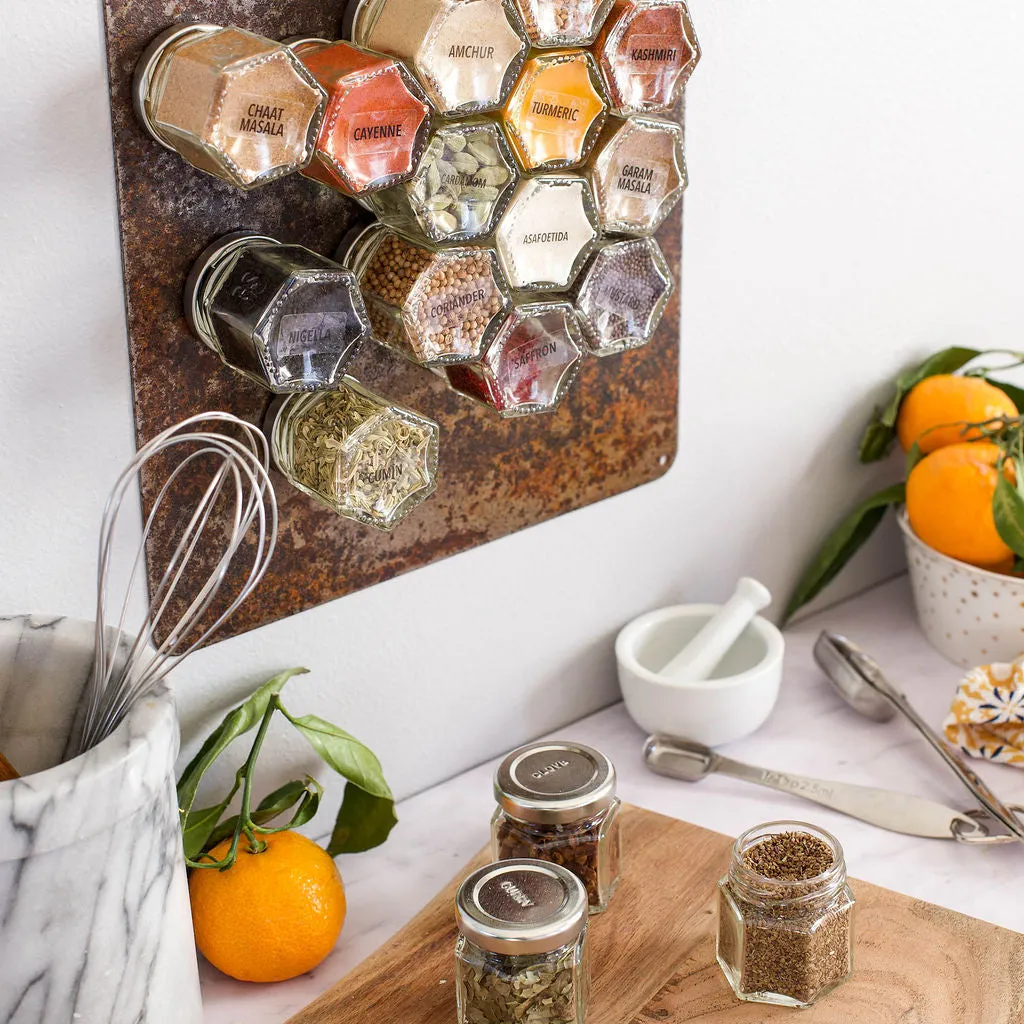 PANTRY SPICES | 24 Magnetic Jars Filled with Organic Spices   Rustic Wall Base