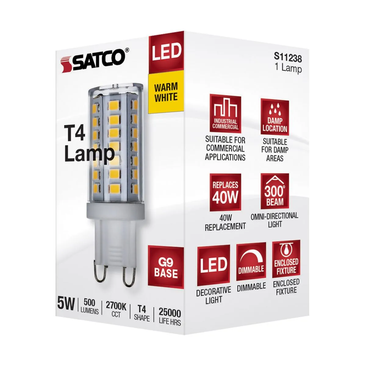 Satco LED 40W Equivalent G9 Double Loop Halogen Replacement Light Bulb - 5w Dimmable – Clear – Warm White – 2700K